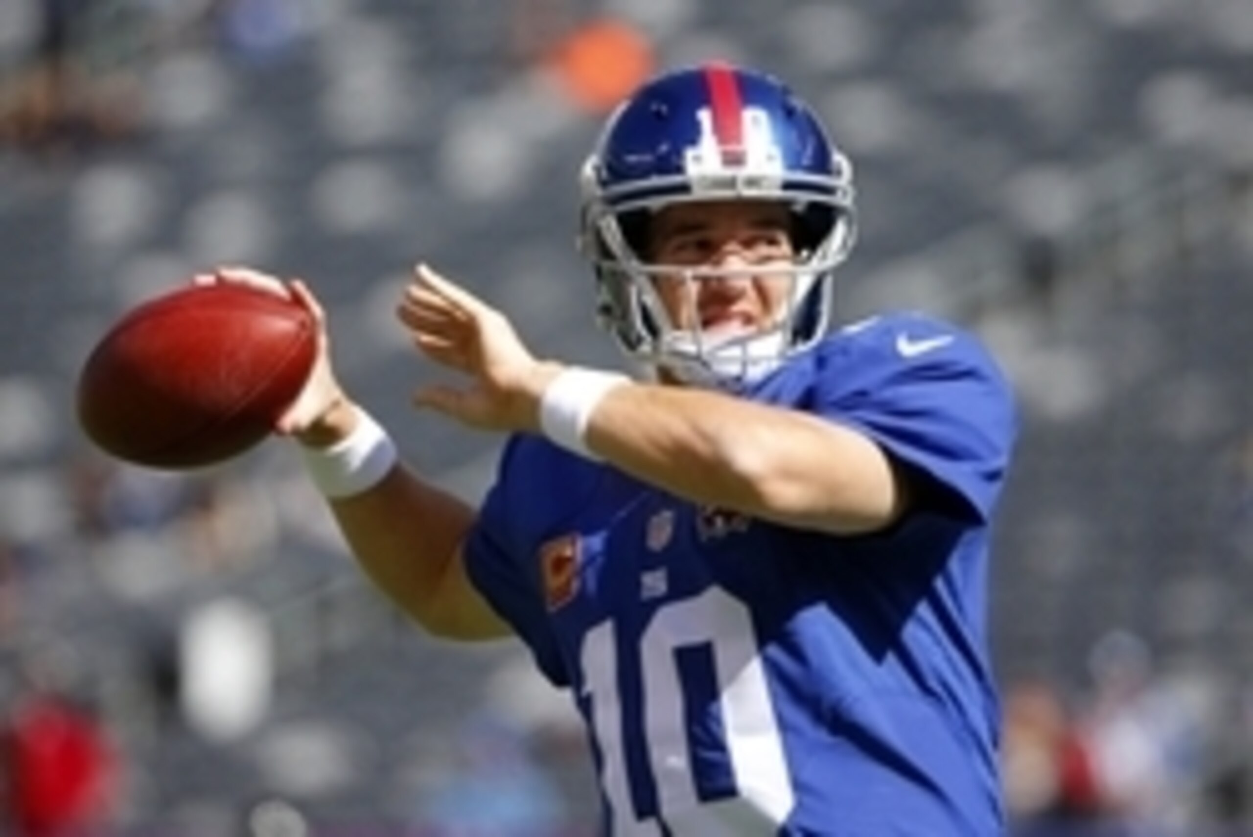 Oct 5, 2014; East Rutherford, NJ, USA;  New York Giants quarterback Eli Manning (10) prior to the game against the Atlanta Falcons at MetLife Stadium. Mandatory Credit: Jim O'Connor-USA TODAY Sports