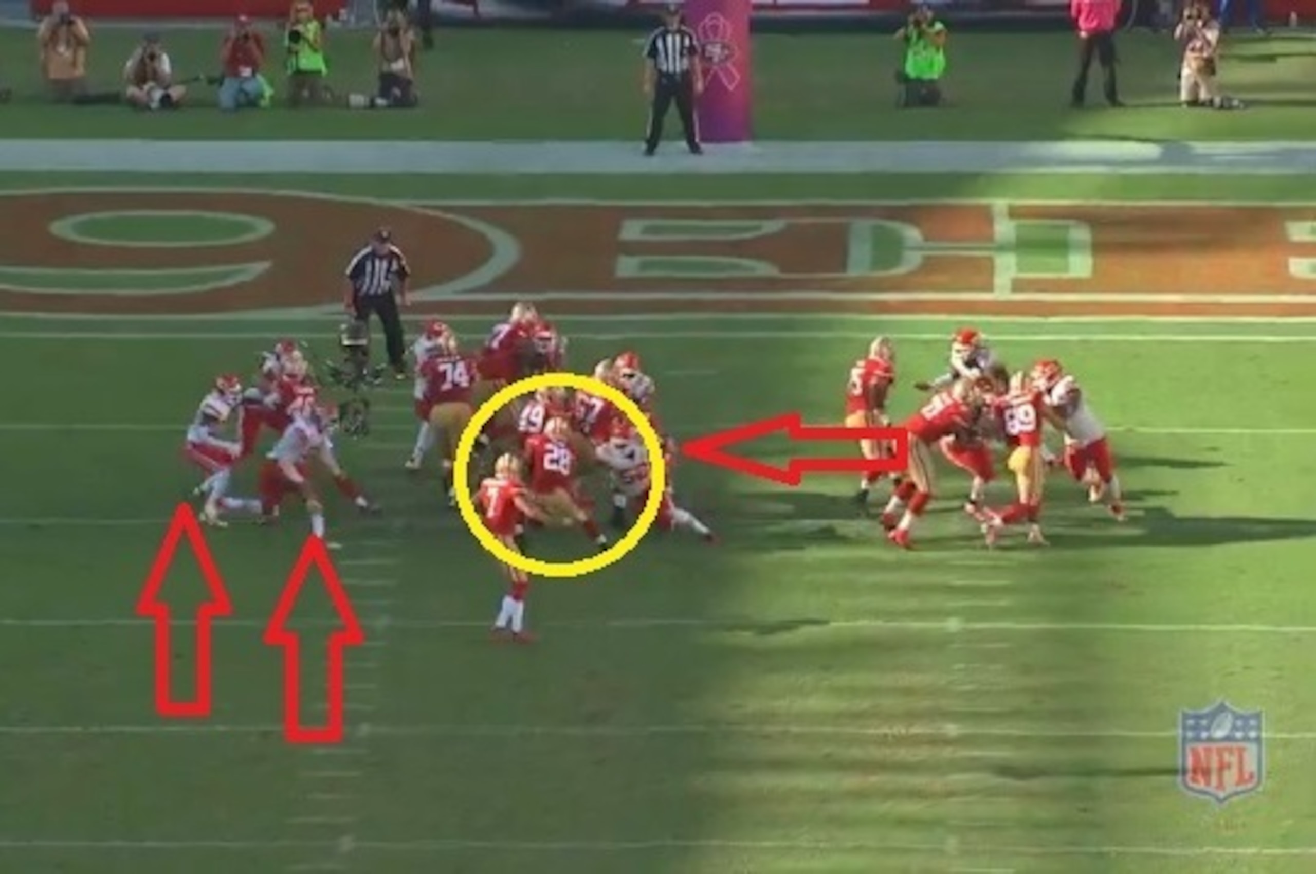 Hyde's running lanes close up quickly with exterior pressure in hot pursuit.