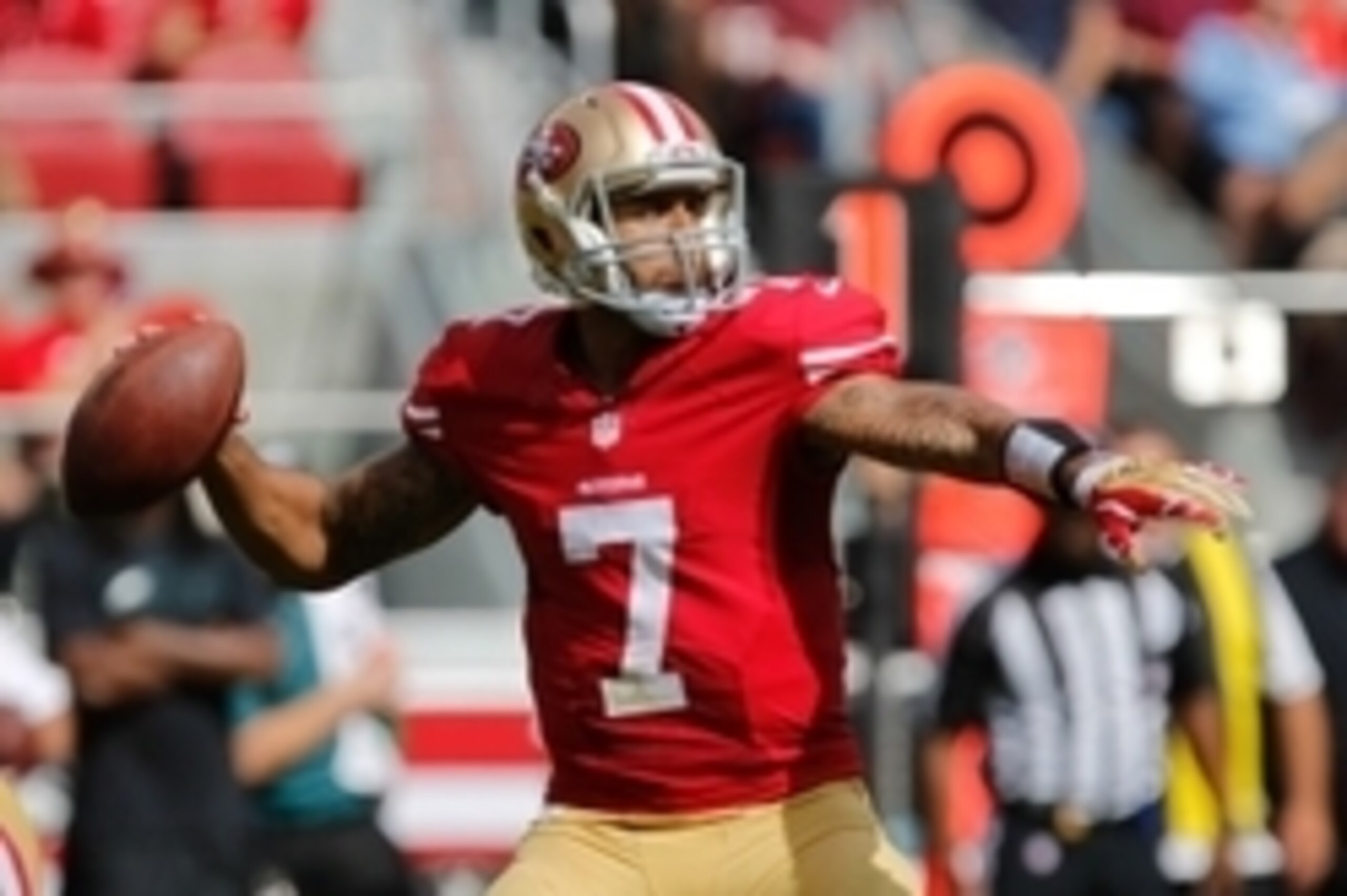 Sep 28, 2014; Santa Clara, CA, USA; San Francisco 49ers quarterback Colin Kaepernick (7) passes the ball against the Philadelphia Eagles during the second quarter at Levi's Stadium. Mandatory Credit: Kelley L Cox-USA TODAY Sports
