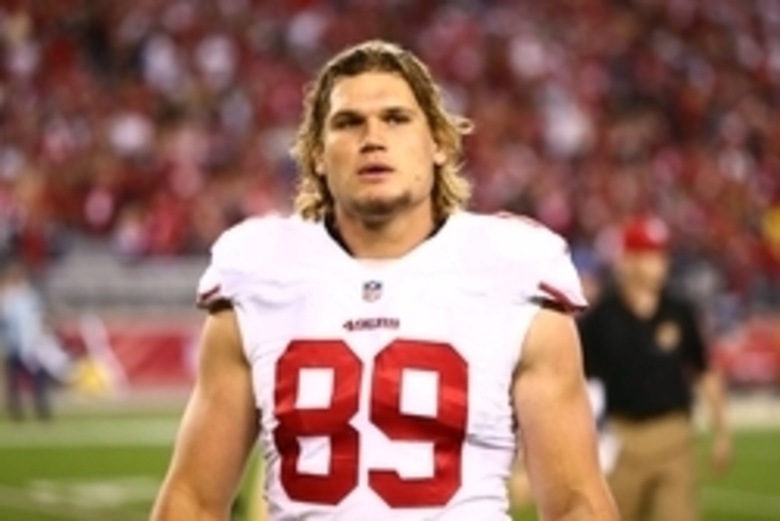 Dec 29, 2013; Phoenix, AZ, USA; San Francisco 49ers tight end Vance McDonald (89) against the Arizona Cardinals at University of Phoenix Stadium. Mandatory Credit: Mark J. Rebilas-USA TODAY Sports