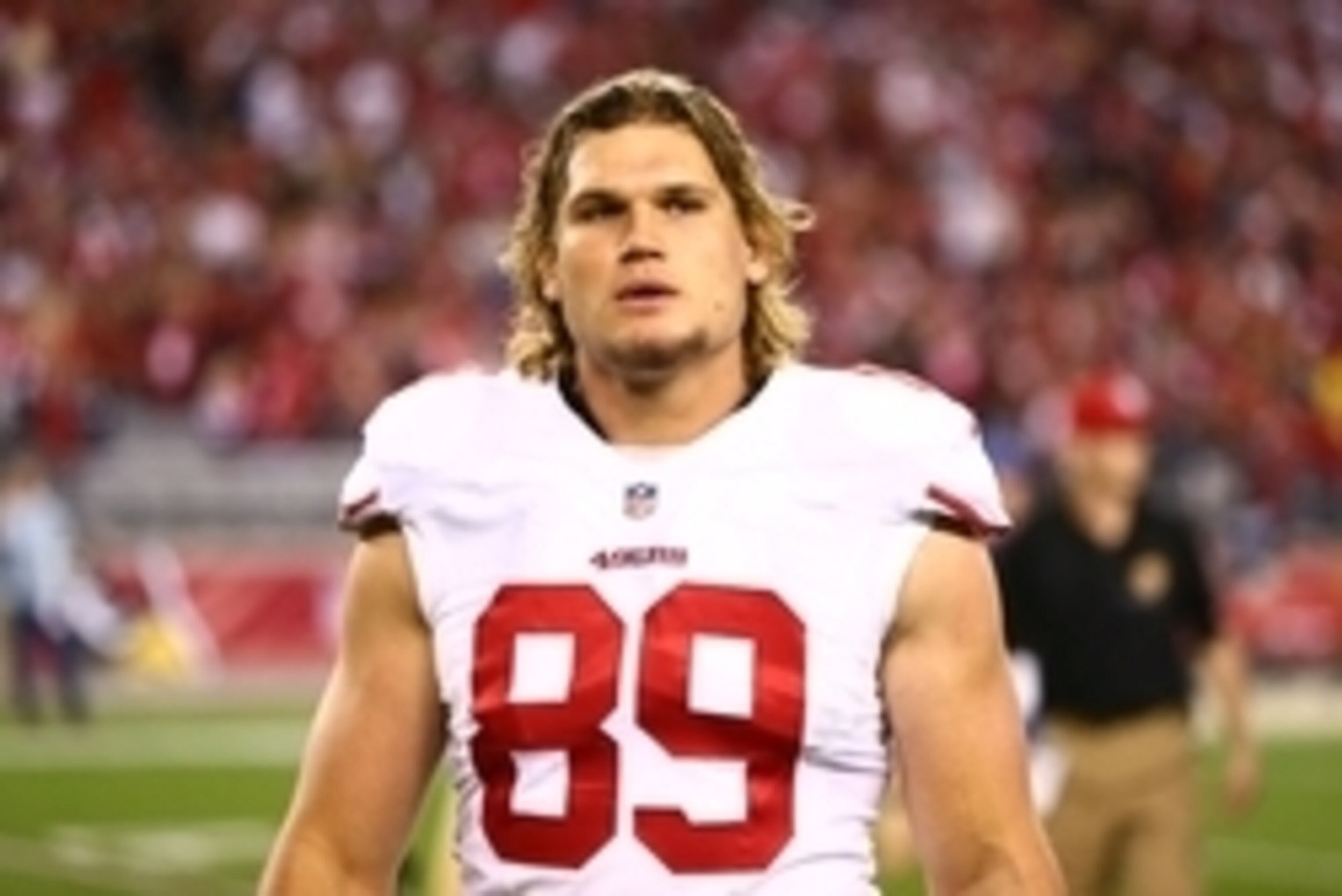 Dec 29, 2013; Phoenix, AZ, USA; San Francisco 49ers tight end Vance McDonald (89) against the Arizona Cardinals at University of Phoenix Stadium. Mandatory Credit: Mark J. Rebilas-USA TODAY Sports