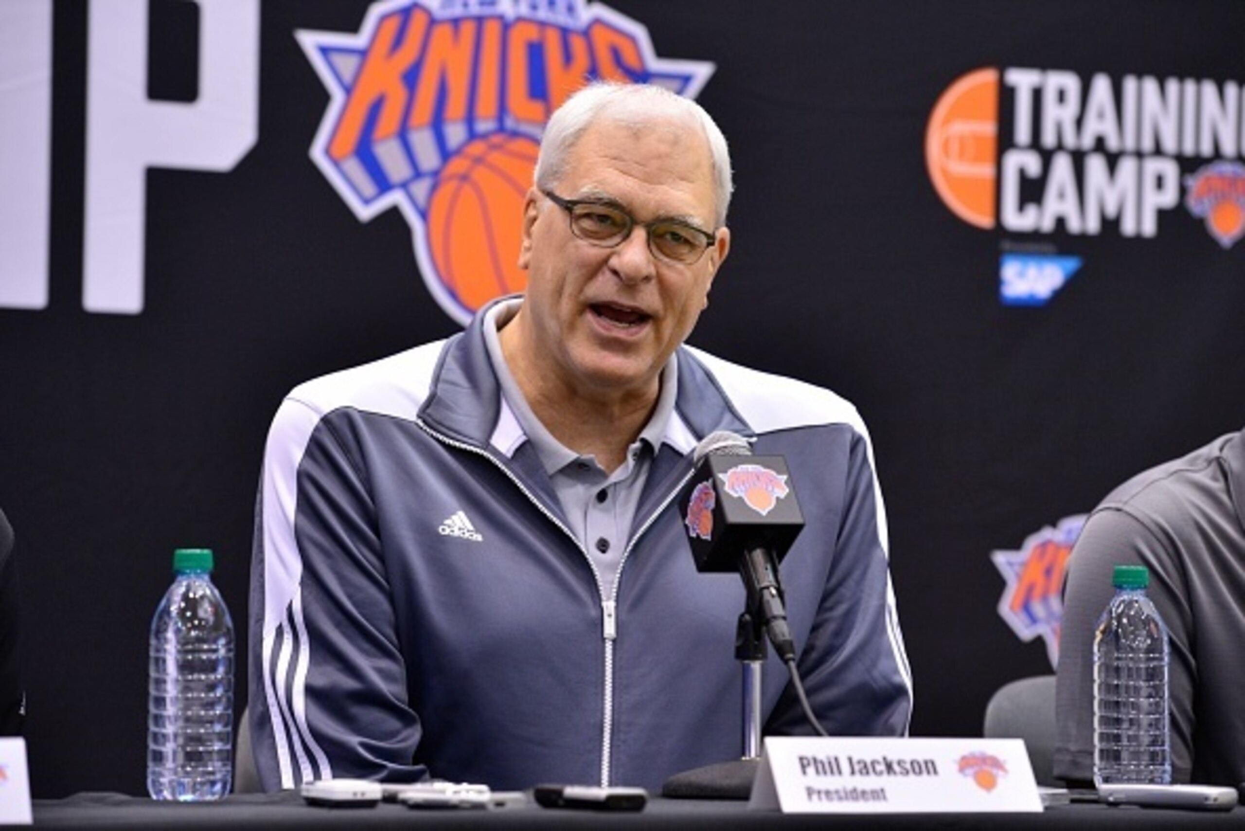 TARRYTOWN, NY - SEPTEMBER 26: New York Knicks Team President Phil Jackson talks to the media on September 26, 2014 in Tarrytown, New York. NOTE TO USER: User expressly acknowledges and agrees that, by downloading and/or using this Photograph, user is cons