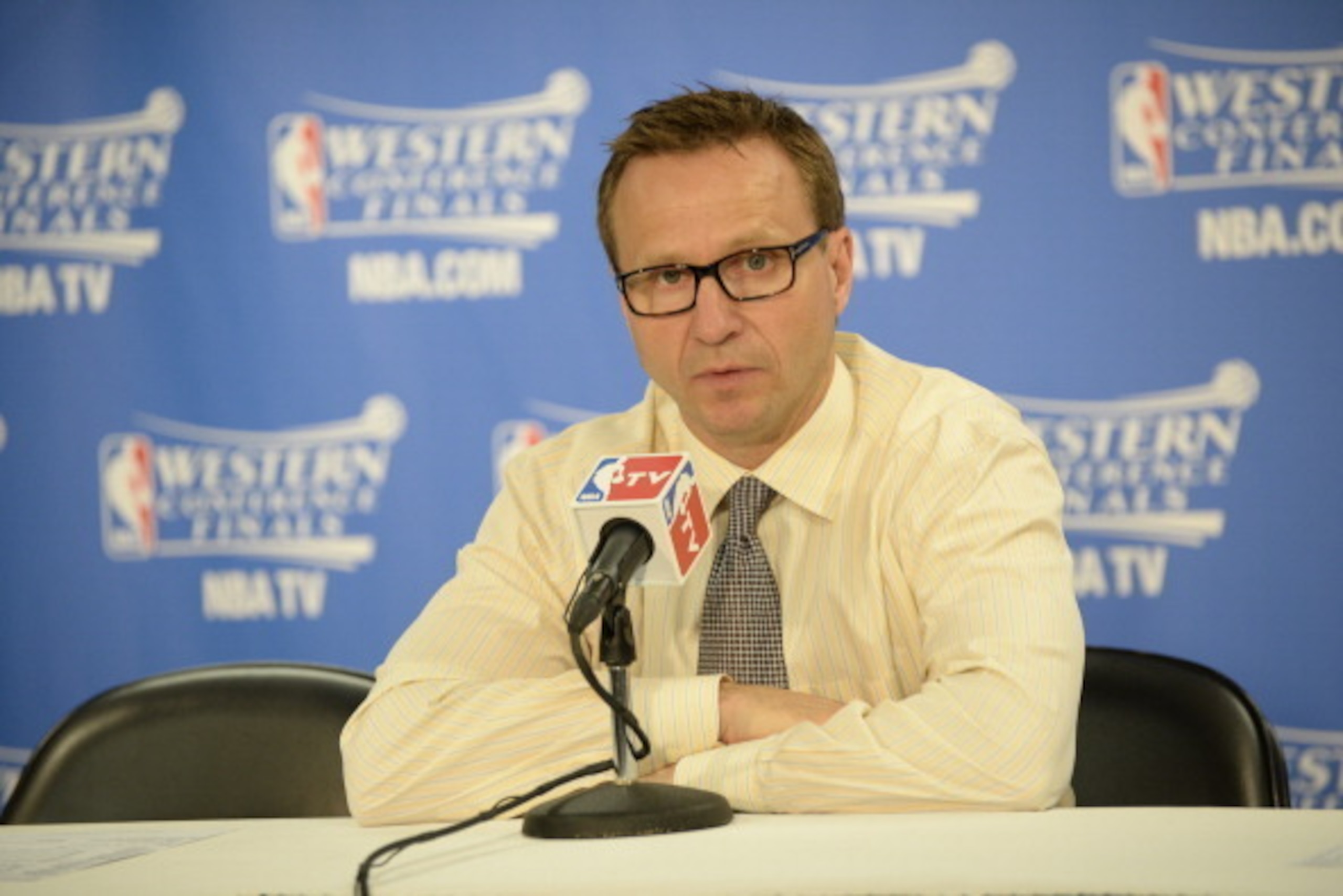 SAN ANTONIO, TX - MAY 21: Head Coach Scott Brooks of the Oklahoma City Thunder speaks with the media after the game against The San Antonio Spurs in Game Two of the Western Conference Finals during the 2014 NBA Playoffs on May 21, 2014 at the AT&T Center 
