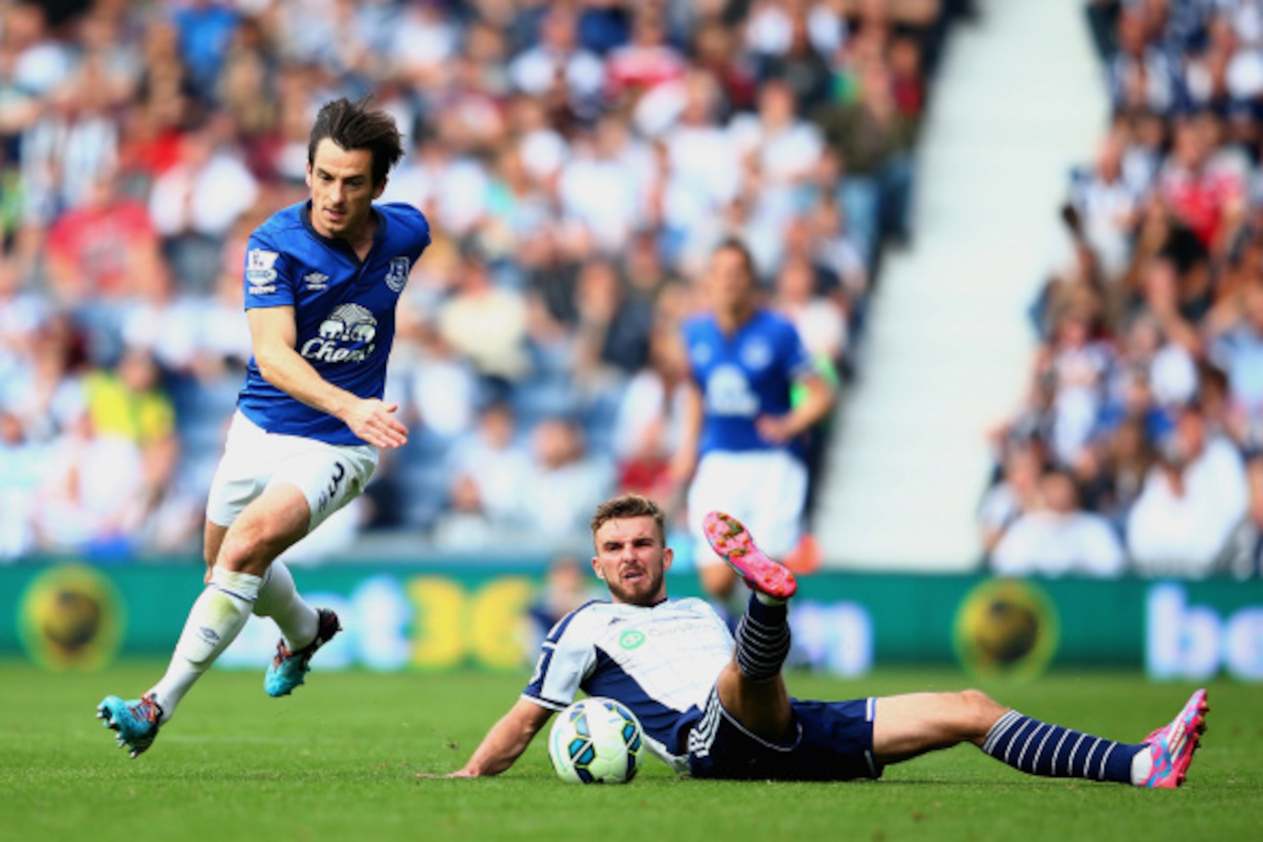 WEST BROMWICH, ENGLAND - SEPTEMBER 13: Leighton Baines of Everton gets away from James Morrison of West Brom during the Barclays Premier League match between West Bromwich Albion and Everton at The Hawthorns on September 13, 2014 in West Bromwich, England WEST BROMWICH, ENGLAND - SEPTEMBER 13: Leighton Baines of Everton gets away from James Morrison of West Brom during the Barclays Premier League match between West Bromwich Albion and Everton at The Hawthorns on September 13, 2014 in West Bromwich, England