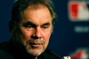 DETROIT, MI - OCTOBER 26:  Manager Bruce Bochy of the San Francisco Giants speaks with the media at Comerica Park on October 26, 2012 in Detroit, Michigan.  (Photo by Leon Halip/Getty Images)