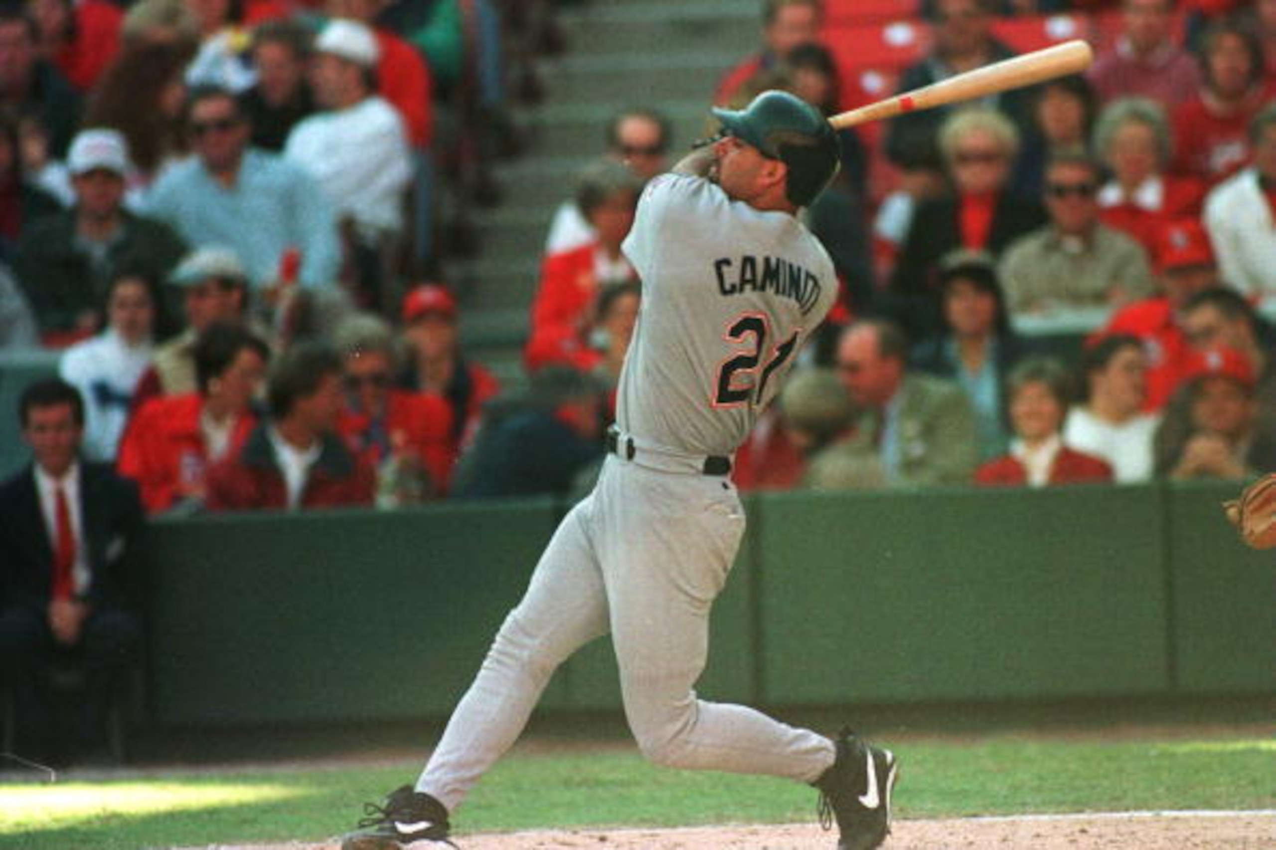 3 Oct 1996: Ken Caminiti of San Diego swats a 2 run home run against St Louis in game 2 of the National League Divisional Playoffs at Busch Stadium in St Louis, Missouri.