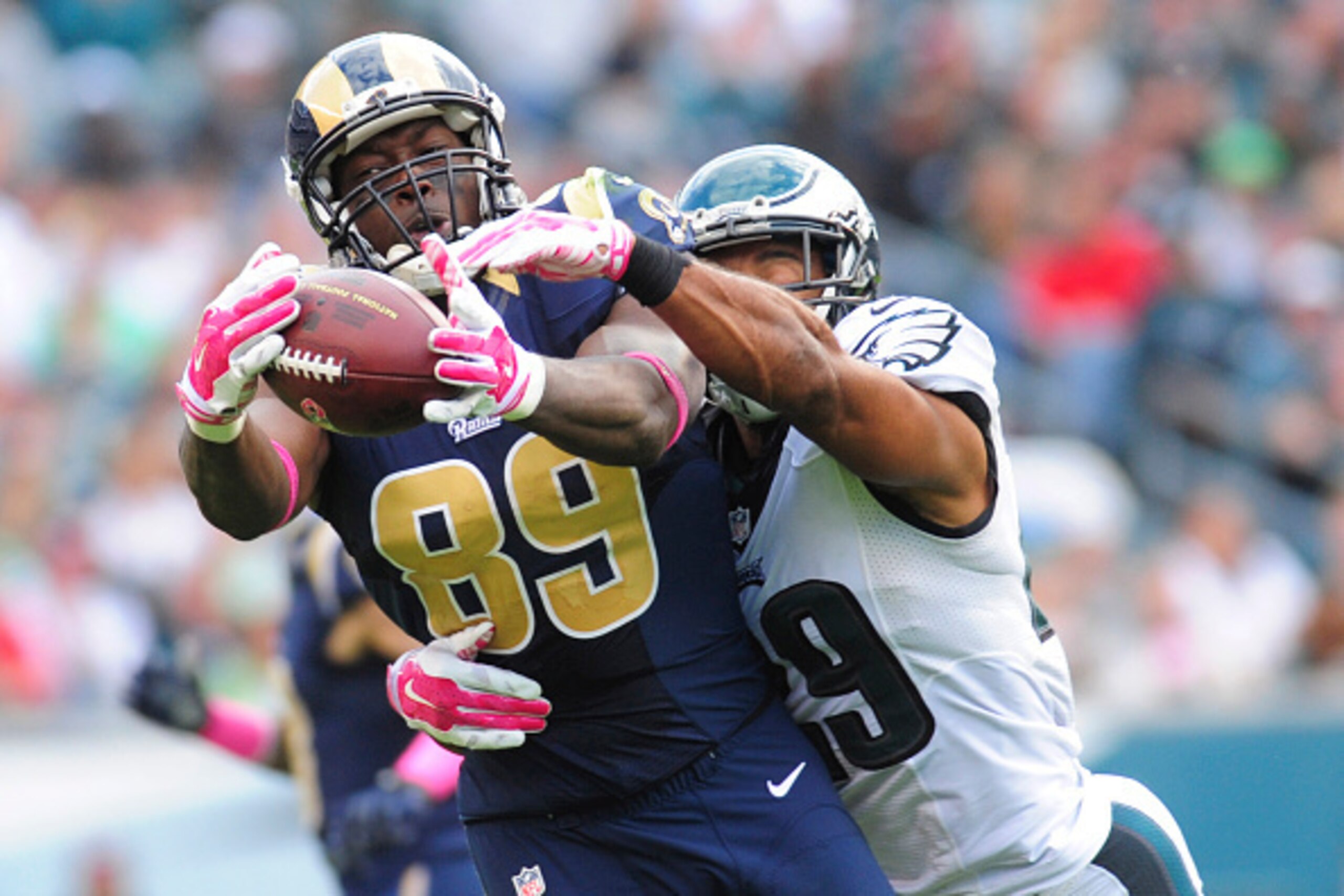 PHILADELPHIA, PA - OCTOBER 5: Tight end Jared Cook #89 of the St. Louis Rams catches a pass with safety Nate Allen #29 of the Philadelphia Eagles defending on the play on October 5, 2014 at Lincoln Financial Field in Philadelphia, Pennsylvania. The Eagles