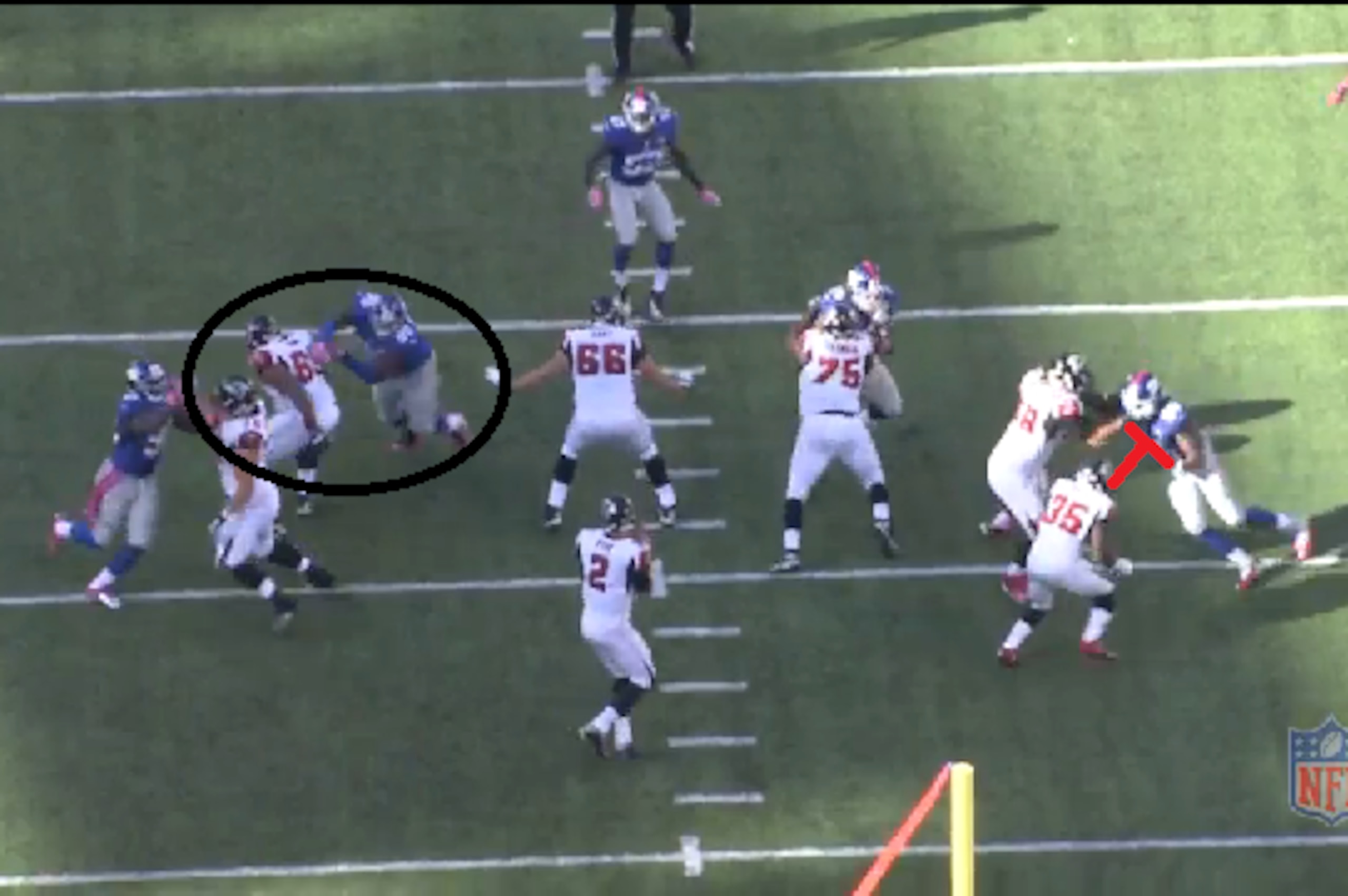 Harland Gunn is beaten for a sack.