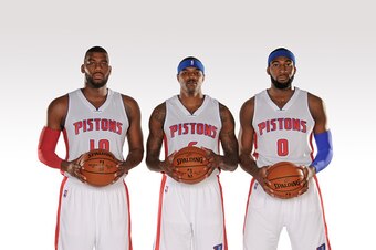 AUBURN HILLS, MI - SEPTEMBER 29: Greg Monroe #10, Josh Smith #6, and Andre Drummond #0 of the Detroit Pistons pose for a portrait during Detroit Pistons Media Day on September 29, 2014 at The Palace of Auburn Hills in Auburn Hills, Michigan. NOTE TO USER: