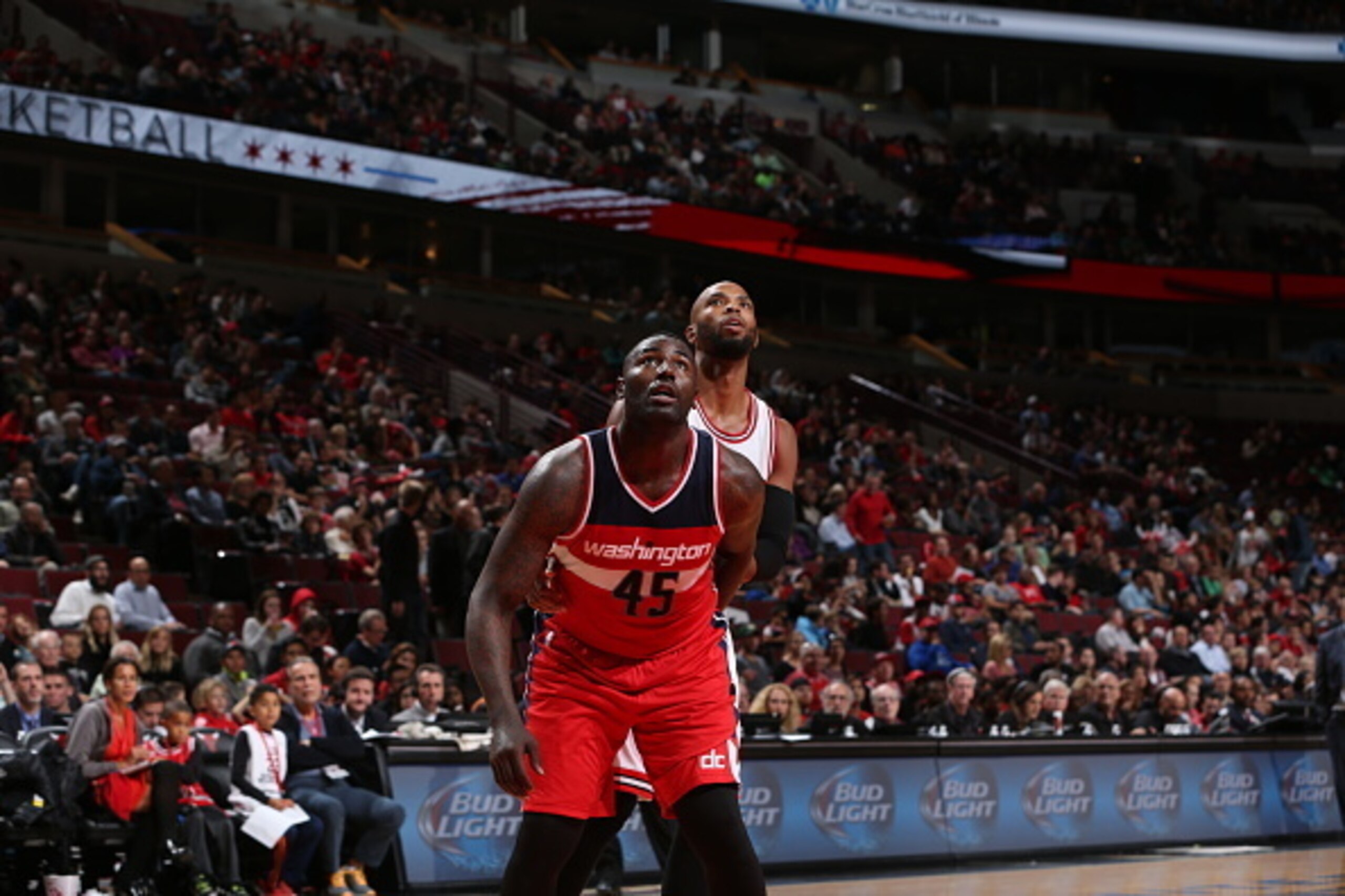 CHICAGO, IL - OCTOBER 6:  DeJuan Blair #45 of the Washington Wizards boxes out Taj Gibson #22 of the Chicago Bulls on October 6, 2014 at the United Center in Chicago, Illinois. NOTE TO USER:  User expressly acknowledges and agrees that, by downloading and