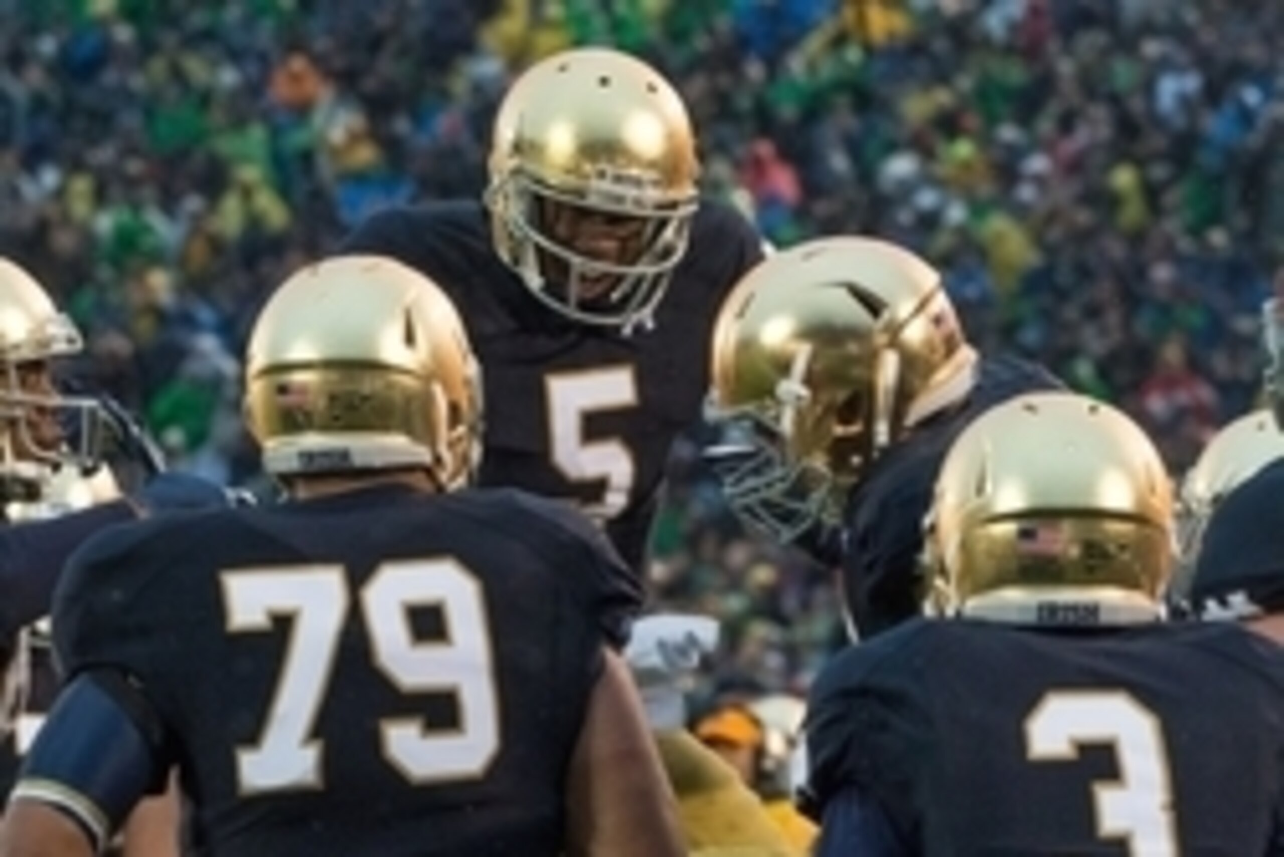 Oct 4, 2014; South Bend, IN, USA; Notre Dame Fighting Irish quarterback Everett Golson (5) reacts after throwing a touchdown pass in the fourth quarter against the Stanford Cardinal at Notre Dame Stadium. Notre Dame won 17-14. Mandatory Credit: Matt Casho