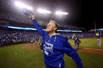 KANSAS CITY, MO - OCTOBER 05:  Manager Ned Yost #3 the Kansas City Royals celebrates on the field after defeating the Los Angeles Angels 8-3 to sweep the series in Game Three of the American League Division Series at Kauffman Stadium on October 5, 2014 in