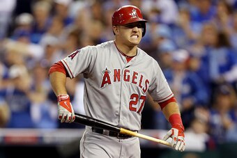 KANSAS CITY, MO - OCTOBER 05: Mike Trout #27 of the Los Angeles Angels reacts after batting against the Kansas City Royals in the third inning during Game Three of the American League Division Series at Kauffman Stadium on October 5, 2014 in Kansas City,