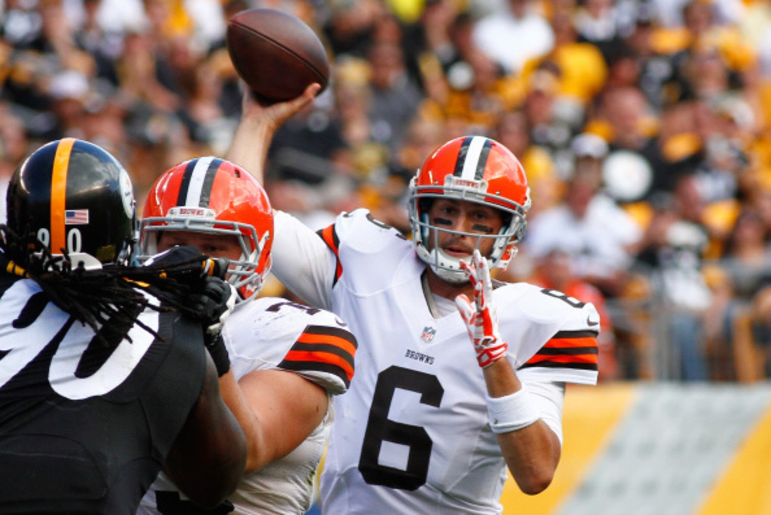 PITTSBURGH, PA - SEPTEMBER 7: Brian Hoyer #6 of the Cleveland Browns makes a pass during the fourth quarter against the Pittsburgh Steelers at Heinz Field on September 7, 2014 in Pittsburgh, Pennsylvania. (Photo by Justin K. Aller/Getty Images) PITTSBURGH, PA - SEPTEMBER 7: Brian Hoyer #6 of the Cleveland Browns makes a pass during the fourth quarter against the Pittsburgh Steelers at Heinz Field on September 7, 2014 in Pittsburgh, Pennsylvania. (Photo by Justin K. Aller/Getty Images)