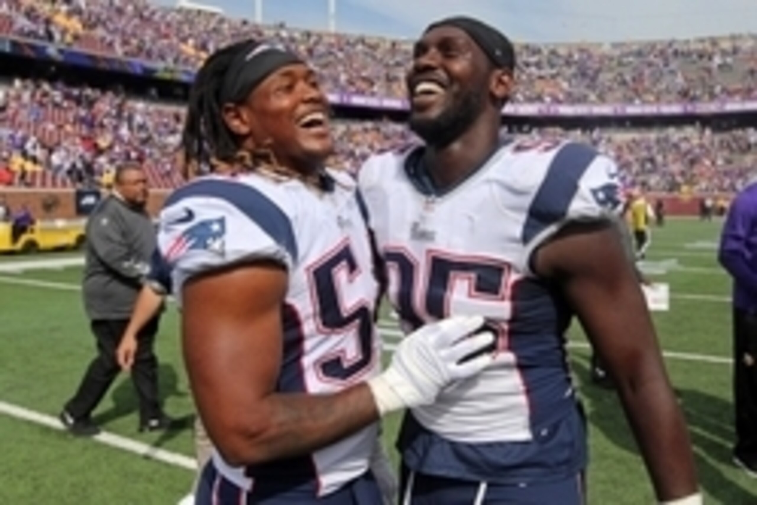 Sep 14, 2014; Minneapolis, MN, USA; New England Patriots linebacker Dont'a Hightower (54) and defensive end Chandler Jones (95) laugh following the game against the Minnesota Vikings at TCF Bank Stadium. The Patriots defeated the Vikings 30-7. Mandatory C Sep 14, 2014; Minneapolis, MN, USA; New England Patriots linebacker Dont'a Hightower (54) and defensive end Chandler Jones (95) laugh following the game against the Minnesota Vikings at TCF Bank Stadium. The Patriots defeated the Vikings 30-7. Mandatory C
