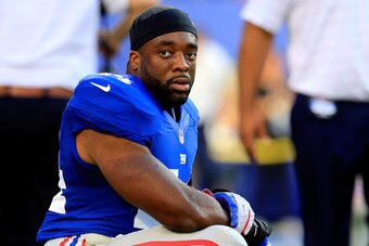 EAST RUTHERFORD, NJ - AUGUST 09:  Running back Andre Williams #44 of the New York Giants stretches prior to a preseason game against the Pittsburgh Steelers at MetLife Stadium on August 9, 2014 in East Rutherford, New Jersey.  (Photo by Alex Trautwig/Gett