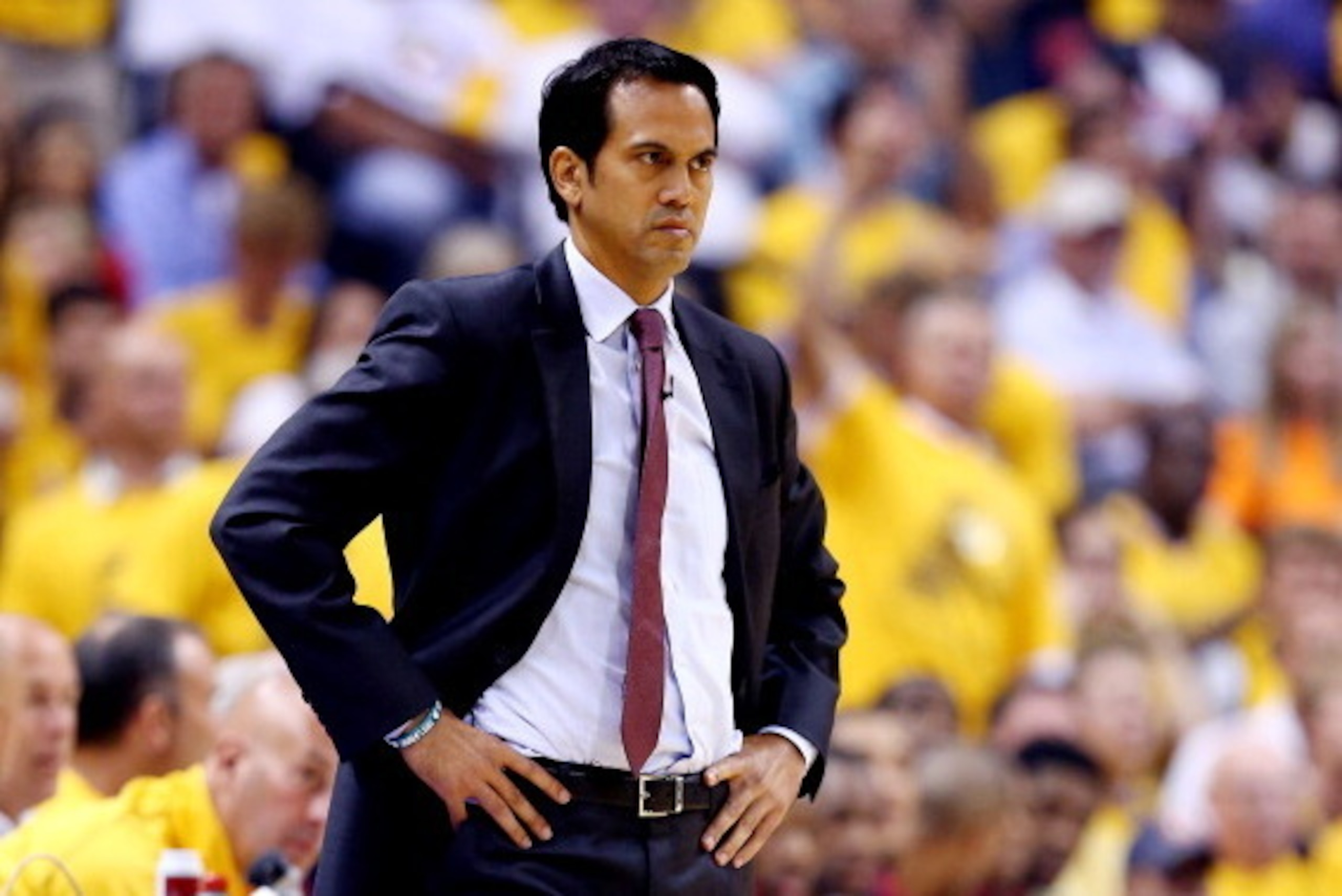 INDIANAPOLIS, IN - MAY 28: Erik Spoelstra of the Miami Heat looks on against the Indiana Pacers during Game Five of the Eastern Conference Finals of the 2014 NBA Playoffs at Bankers Life Fieldhouse on May 28, 2014 in Indianapolis, Indiana. NOTE TO USER: U