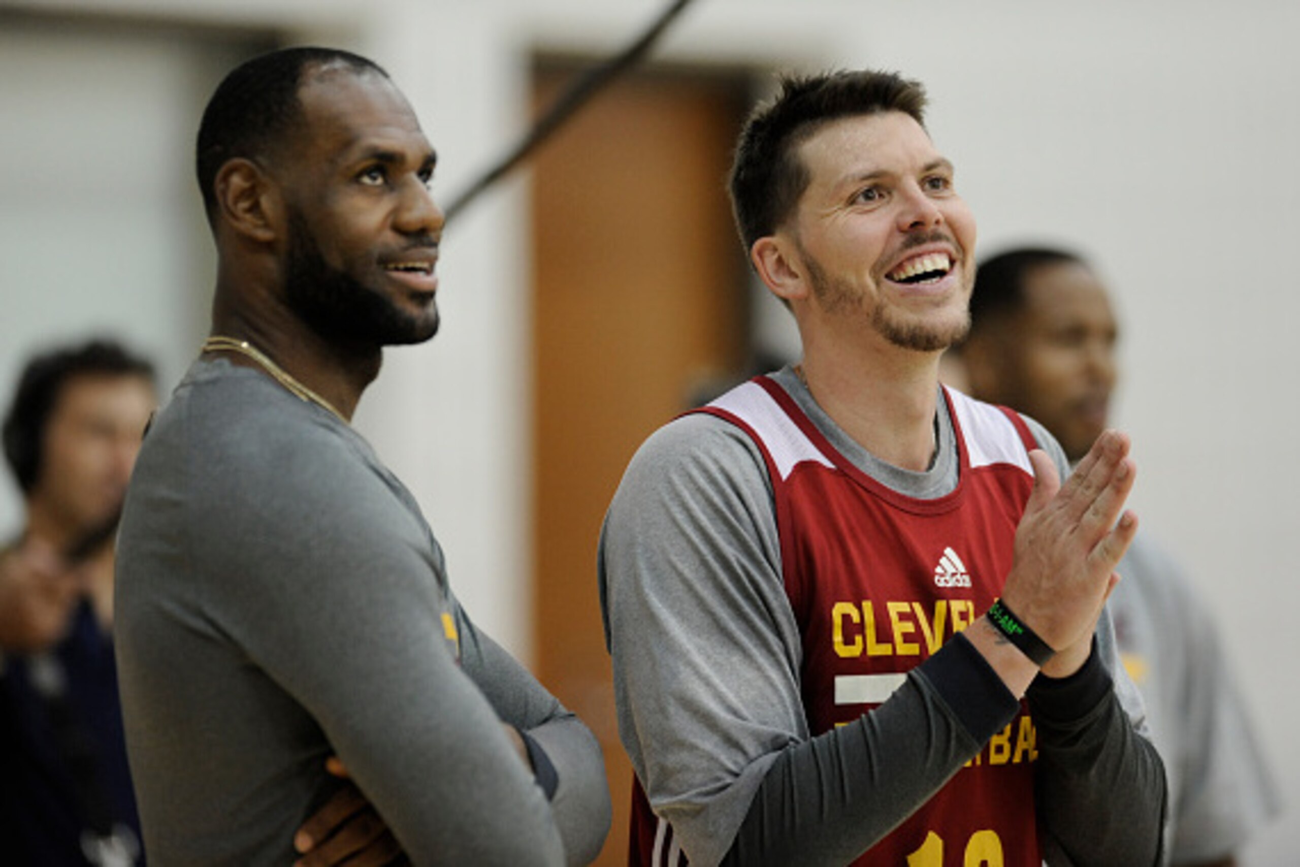 INDEPENDENCE, OH - SEPTEMBER 30: LeBron James #23 and Mike Miller #18 of the Cleveland Cavaliers smile during a practice at The Cleveland Clinic Courts on September 30, 2014 in Independence, Ohio. NOTE TO USER: User expressly acknowledges and agrees that,