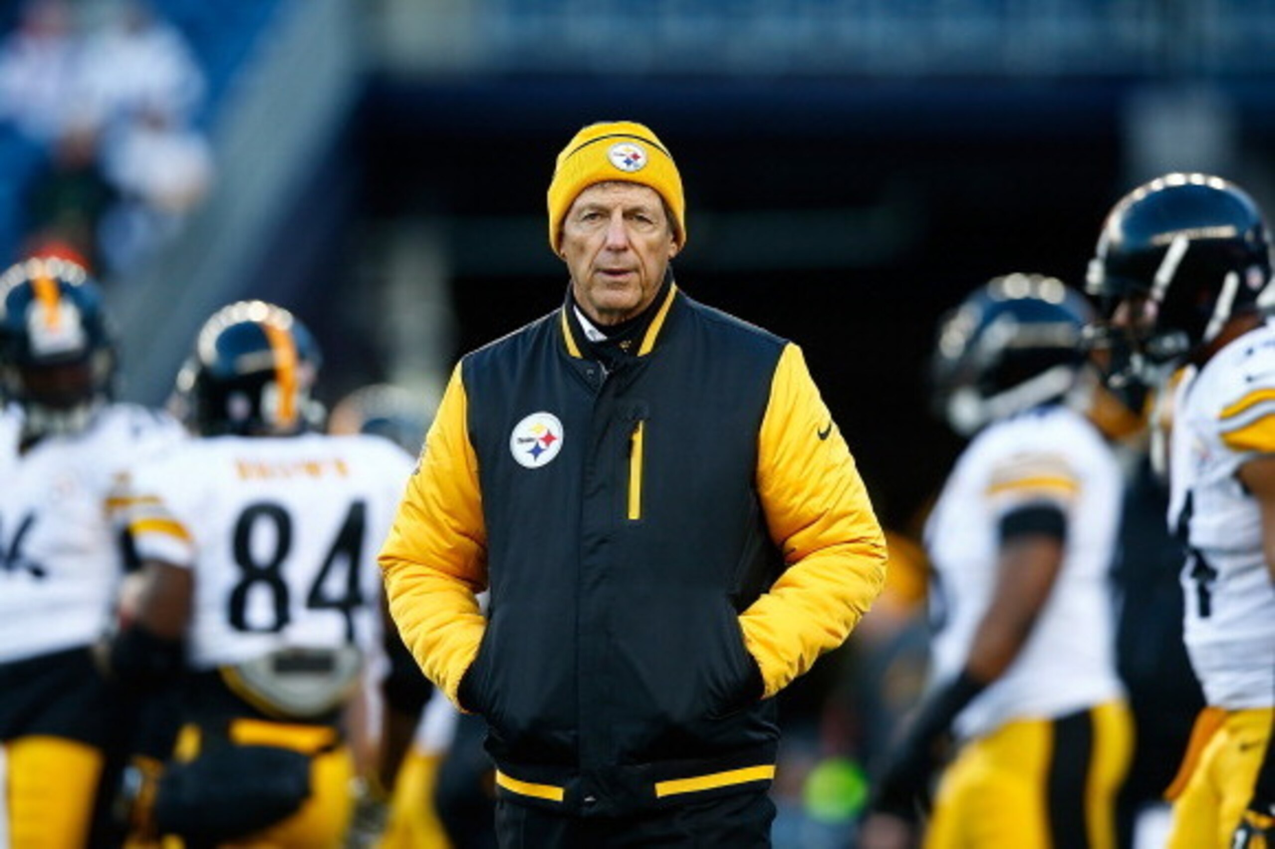 FOXBORO, MA - NOVEMBER 03: Defensive coordinator Dick LeBeau of the Pittsburgh Steelers watches his team warm up prior to the game against the New England Patriots at Gillette Stadium on November 3, 2013 in Foxboro, Massachusetts. (Photo by Jared Wickerh FOXBORO, MA - NOVEMBER 03: Defensive coordinator Dick LeBeau of the Pittsburgh Steelers watches his team warm up prior to the game against the New England Patriots at Gillette Stadium on November 3, 2013 in Foxboro, Massachusetts. (Photo by Jared Wickerh