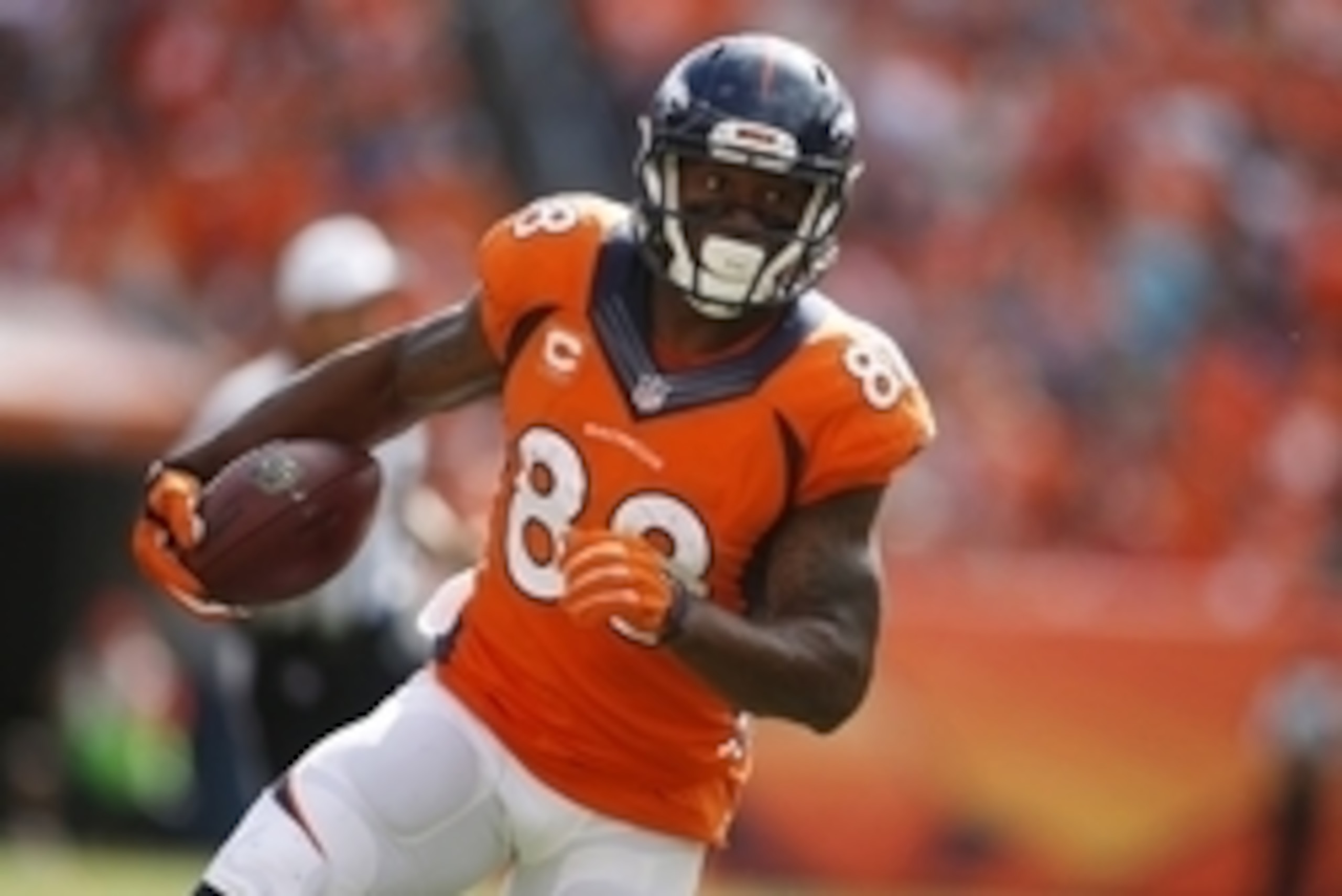 Sep 14, 2014; Denver, CO, USA; Denver Broncos wide receiver Demaryius Thomas (88) catches a pass during the second half against the Kansas City Chiefs at Sports Authority Field at Mile High. Mandatory Credit: Chris Humphreys-USA TODAY Sports