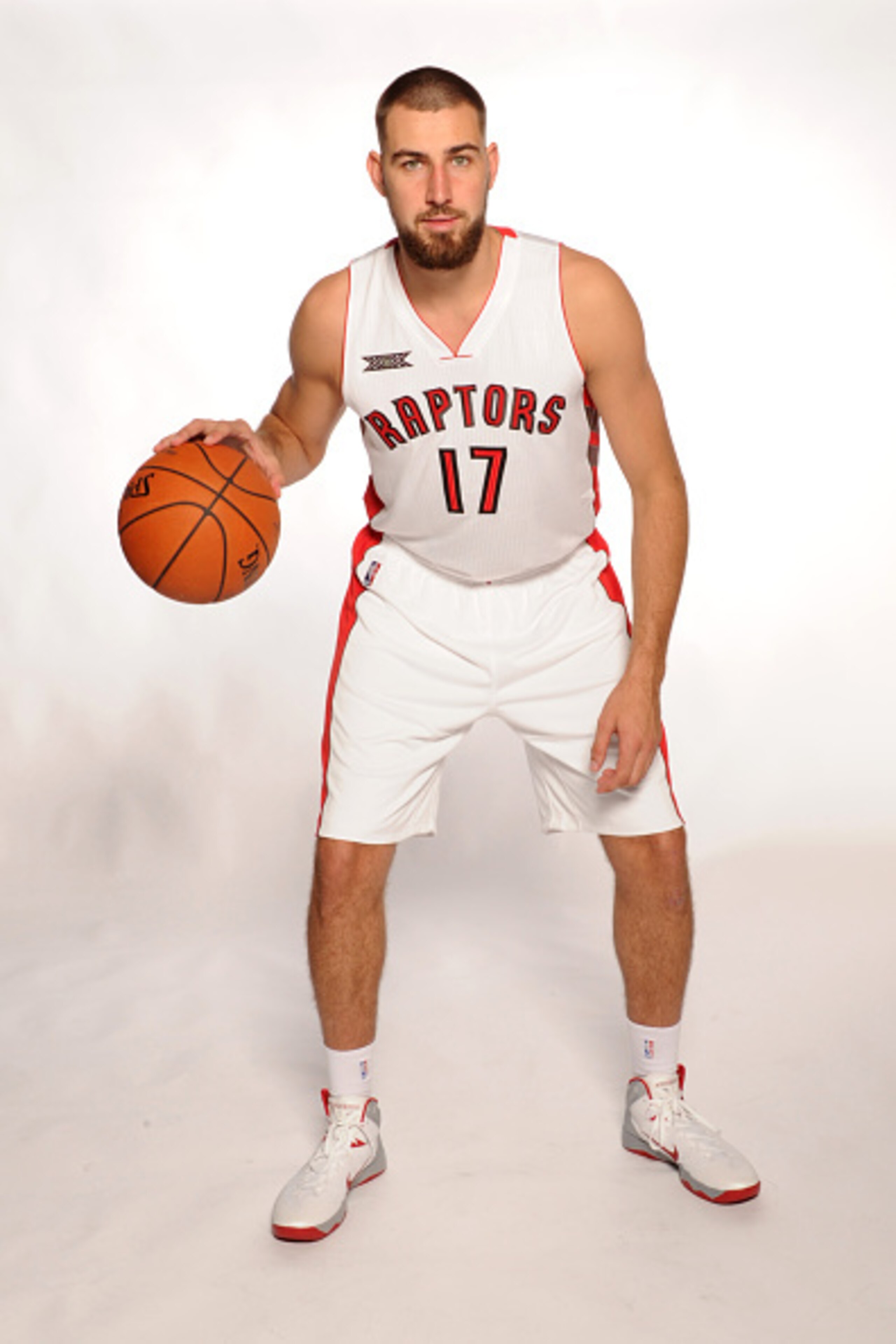 TORONTO-SEPTEMBER 29:  Jonas Valanciunas #17 of the Toronto Raptors poses for a photo during Media Day at the Air Canada Centre in Toronto, Ontario, Canada on September 29, 2014.  NOTE TO USER: User expressly acknowledges and agrees that, by downloading a