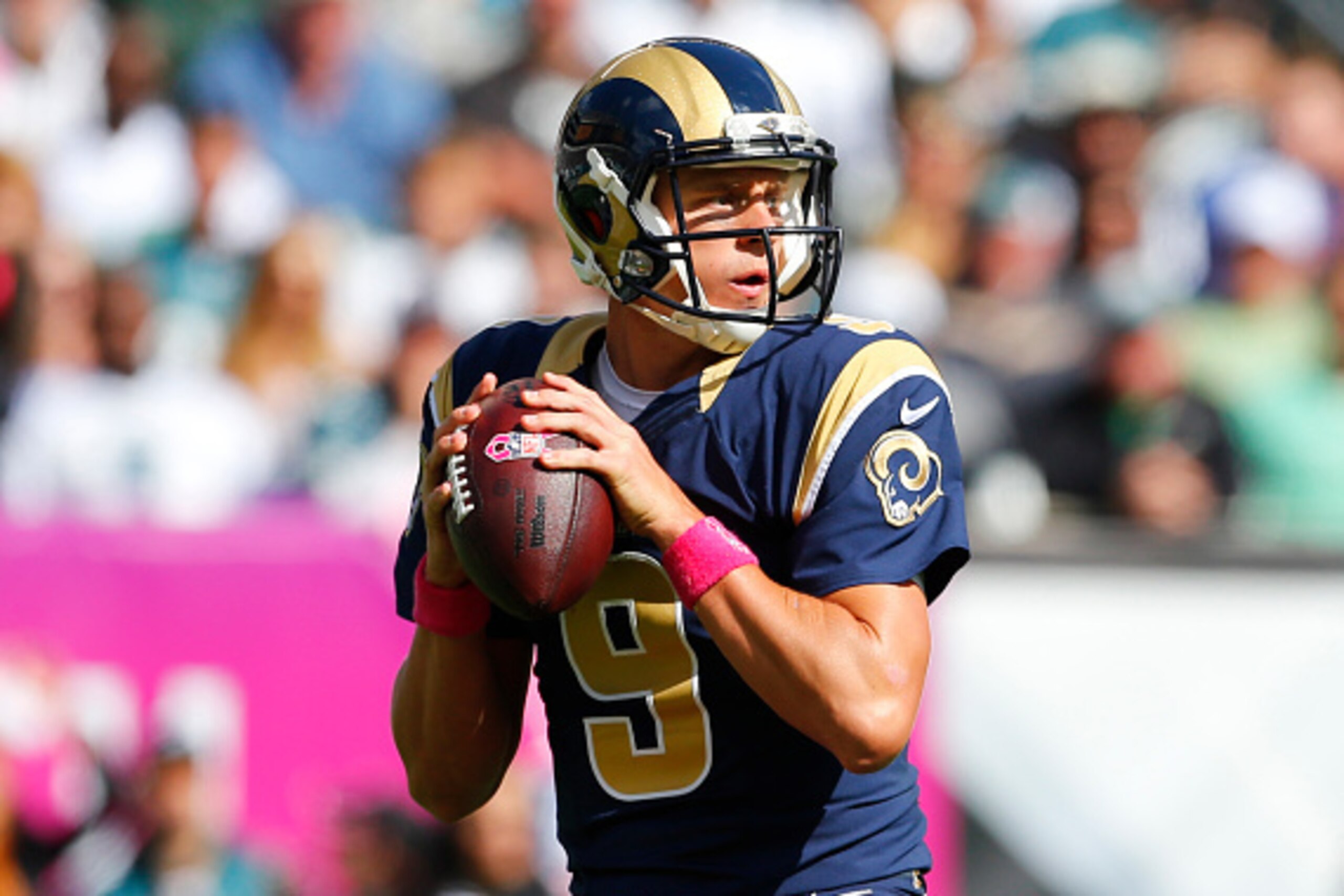 PHILADELPHIA, PA - OCTOBER 5: Quarterback Austin Davis #9 of the St. Louis Rams drops back to pass in the second quarter against the Philadelphia Eagles on October 5, 2014 at Lincoln Financial Field in Philadelphia, Pennsylvania. (Photo by Rich Schultz/Ge