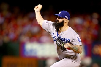 ST LOUIS, MO - OCTOBER 06:  Brian Wilson #00 of the Los Angeles Dodgers pitches in the eighth inning against the St. Louis Cardinals in Game Three of the National League Division Series at Busch Stadium on October 6, 2014 in St Louis, Missouri.  (Photo by