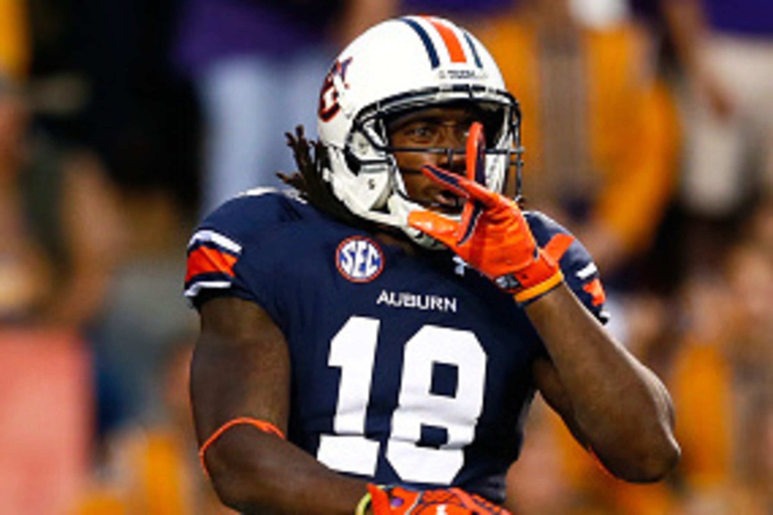AUBURN, AL - OCTOBER 04:  Sammie Coates #18 of the Auburn Tigers reacts after pulling in a reception for a touchdown against the LSU Tigers at Jordan Hare Stadium on October 4, 2014 in Auburn, Alabama.  (Photo by Kevin C. Cox/Getty Images)