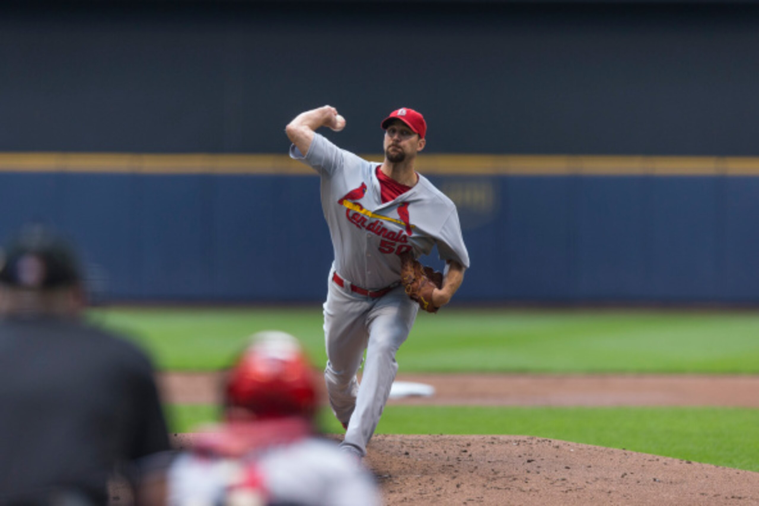 MILWAUKEE, WI - SEPTEMBER 7: Adam Wainwright #50 of the St. Louis Cardinals pitches to a Milwaukee Brewers batter at Miller Park on September 7, 2014 in Milwaukee, Wisconsin.  (Photo by Tom Lynn/Getty Images)