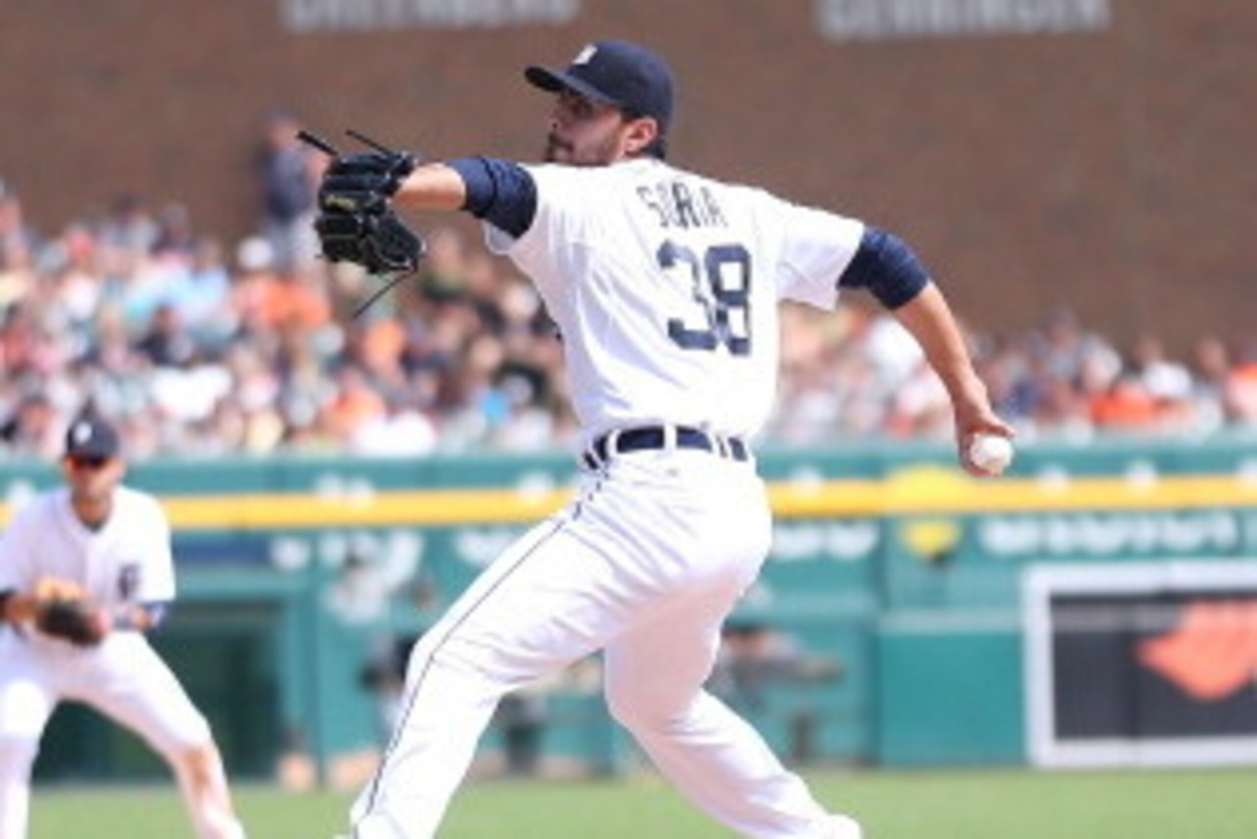 DETROIT, MI - JULY 31:  Joakim Soria #38 of the Detroit Tigers pitches during the seventh  inning of the game against the Chicago White Sox  at Comerica Park on July 31, 2014 in Detroit, Michigan. The White Sox defeated the Tigers 7-4.  (Photo by Leon Hal