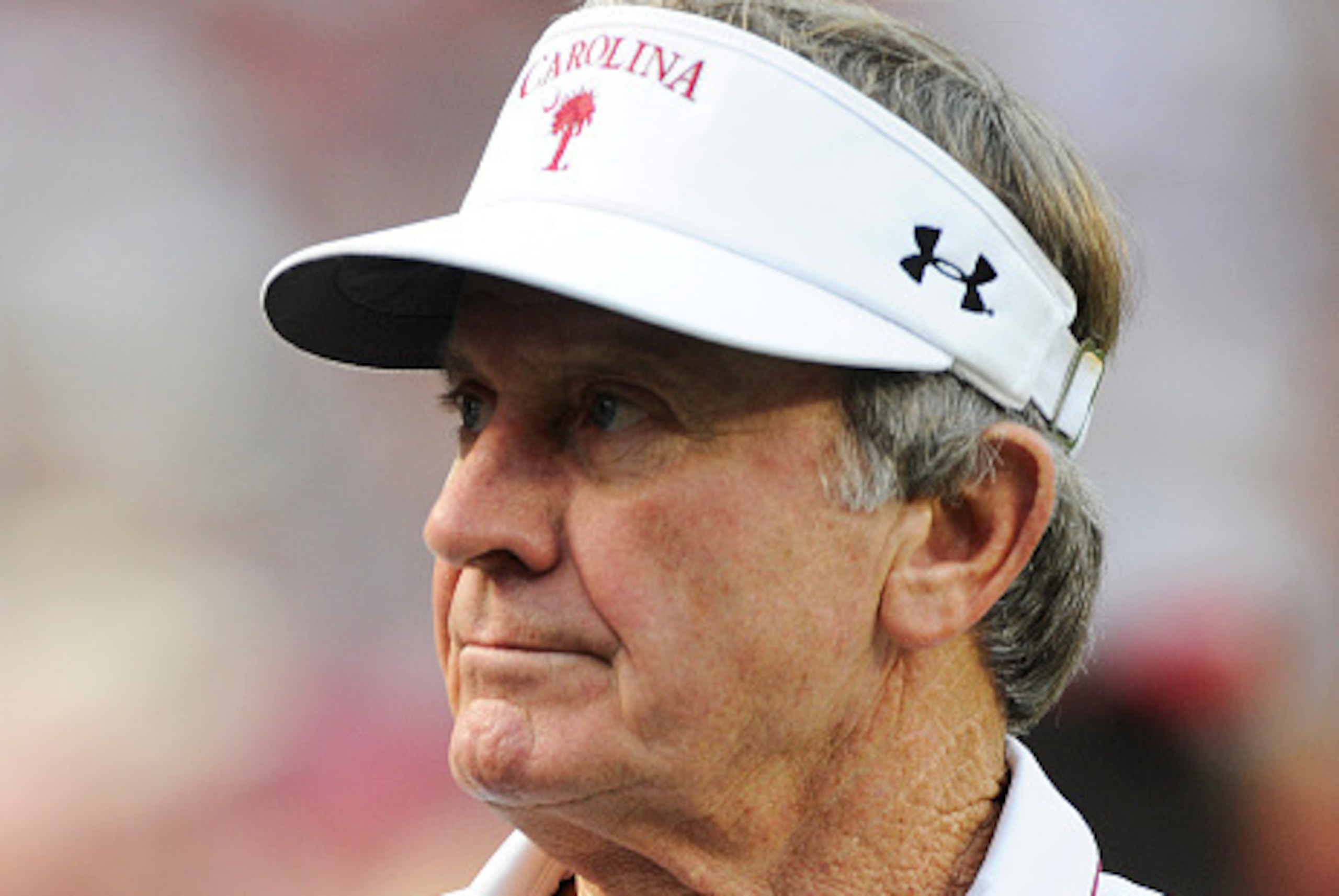COLUMBIA, SC - SEPTEMBER 27:   Head coach Steve Spurrier watches as his team warms up for their game against the Missouri Tigers on September 27, 2014 at Williams-Brice Stadium in Columbia, South Carolina. Missouri won 21-20.  (Photo by Todd Bennett/Getty