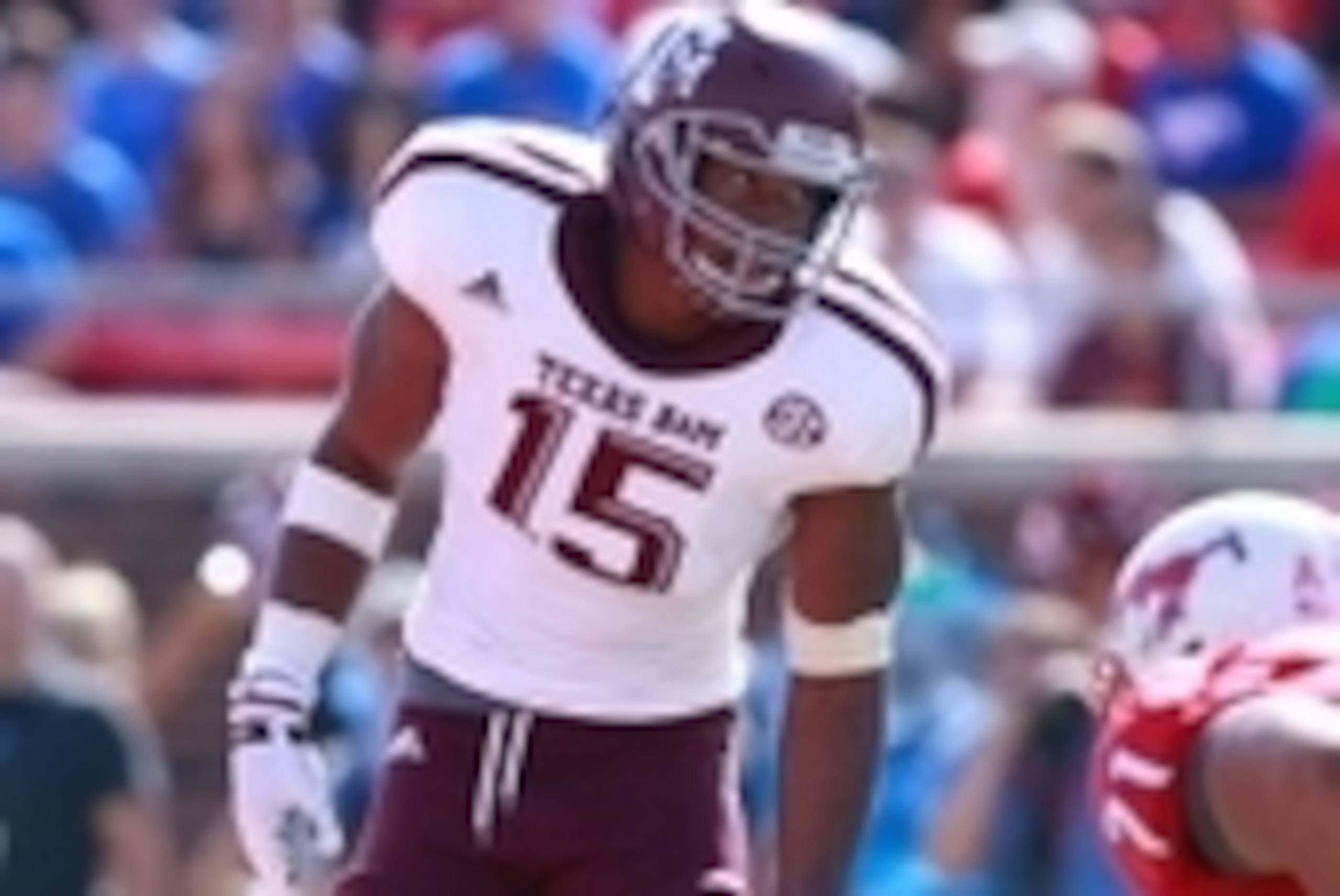 Sep 20, 2014; Dallas, TX, USA; Texas A&M Aggies defensive lineman Myles Garrett (15) in game action against the Southern Methodist Mustangs at Gerald J. Ford Stadium. Texas A&M beat Southern Methodist 58-6. Mandatory Credit: Tim Heitman-USA TODAY Sports