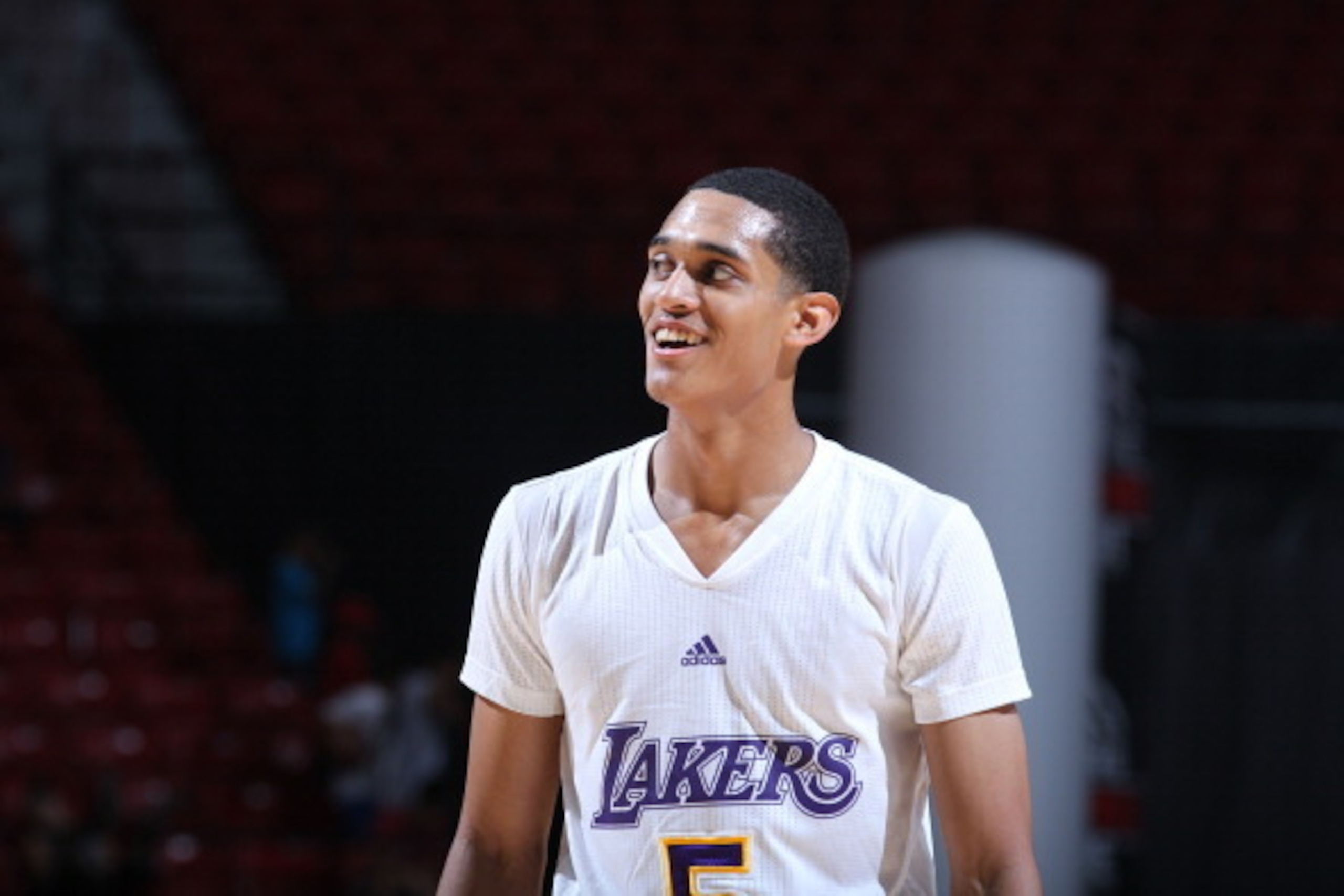 LAS VEGAS, NV - JULY 18: Jordan Clarkson #5 of the Los Angeles Lakers smiles during the game against the Denver Nuggets at the Samsung NBA Summer League 2014 on July 18, 2014 at the Thomas & Mack Center in Las Vegas, Nevada. NOTE TO USER: User expressly a
