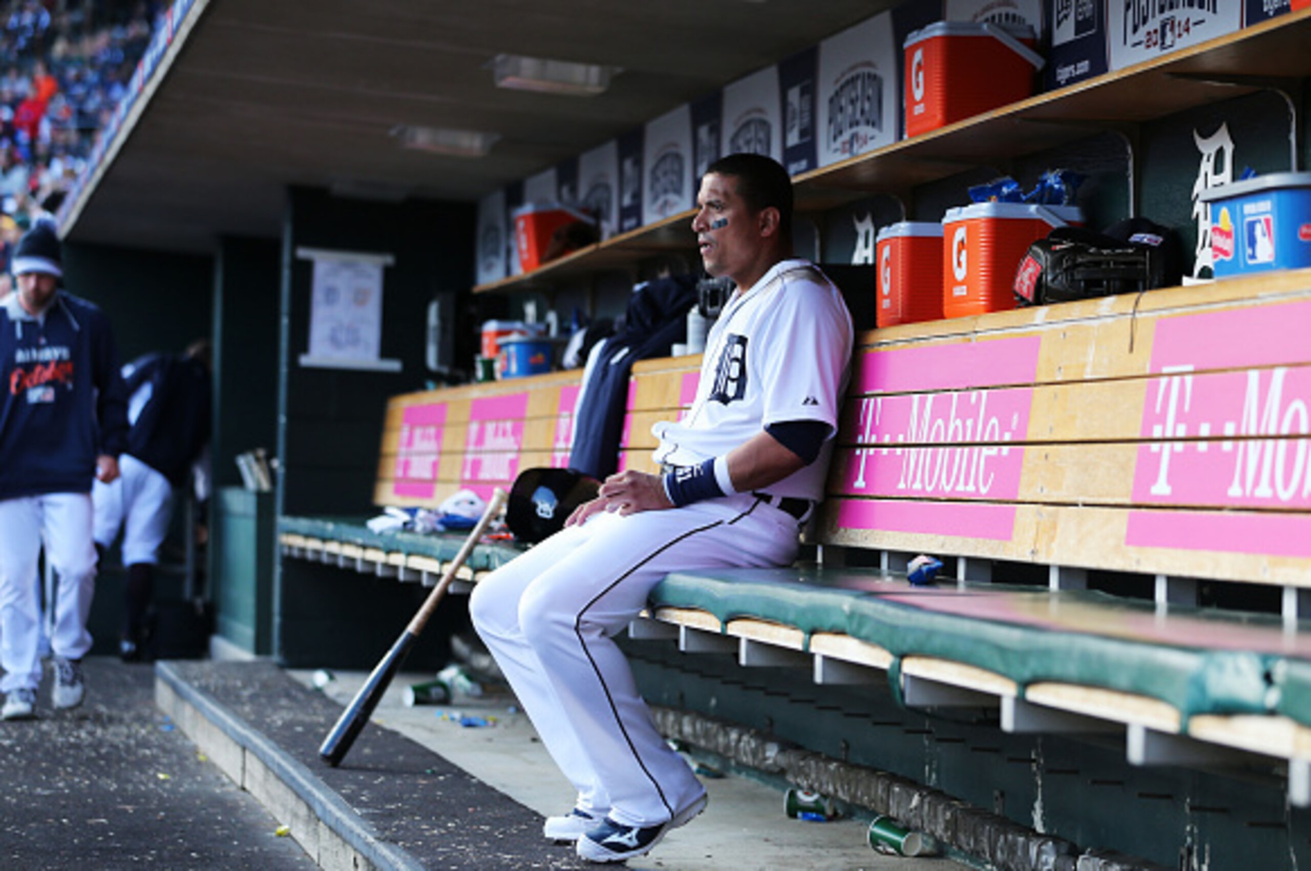 DETROIT, MI - OCTOBER 05: Victor Martinez #41 of the Detroit Tigers looks on from the dugout in the sixth inning against the Baltimore Orioles during Game Three of the American League Division Series at Comerica Park on October 5, 2014 in Detroit, Michig DETROIT, MI - OCTOBER 05: Victor Martinez #41 of the Detroit Tigers looks on from the dugout in the sixth inning against the Baltimore Orioles during Game Three of the American League Division Series at Comerica Park on October 5, 2014 in Detroit, Michig
