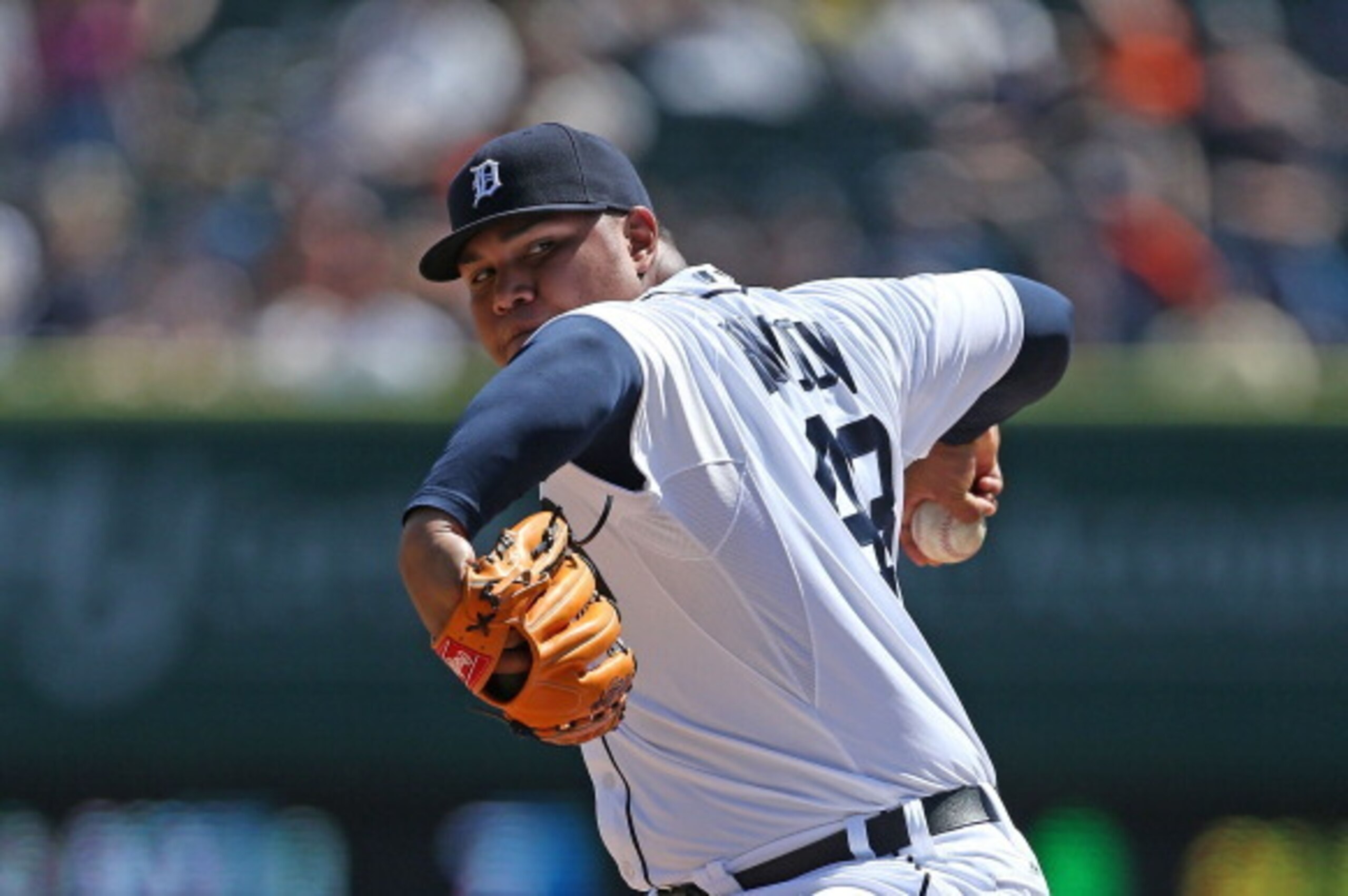 DETROIT, MI - MAY 01: Bruce Rondon #43 of the Detroit Tigers pitches in the seventh inning during the game against the Minnesota Twins at Comerica Park on May 1, 2013 in Detroit, Michigan. The Twins defeated the Tigers 6-2. (Photo by Leon Halip/Getty Im DETROIT, MI - MAY 01: Bruce Rondon #43 of the Detroit Tigers pitches in the seventh inning during the game against the Minnesota Twins at Comerica Park on May 1, 2013 in Detroit, Michigan. The Twins defeated the Tigers 6-2. (Photo by Leon Halip/Getty Im