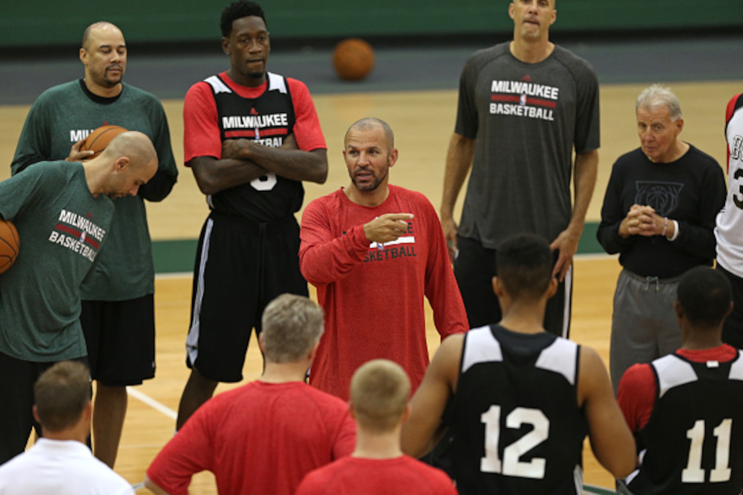 ST. FRANCIS, WI - OCTOBER 3: Jason Kidd of the Milwaukee Bucks talks with his team during training camp at the Bucks Training Center on October 3, 2014  in St. Francis, Wisconsin. NOTE TO USER:  User expressly acknowledges and agrees that, by downloading 