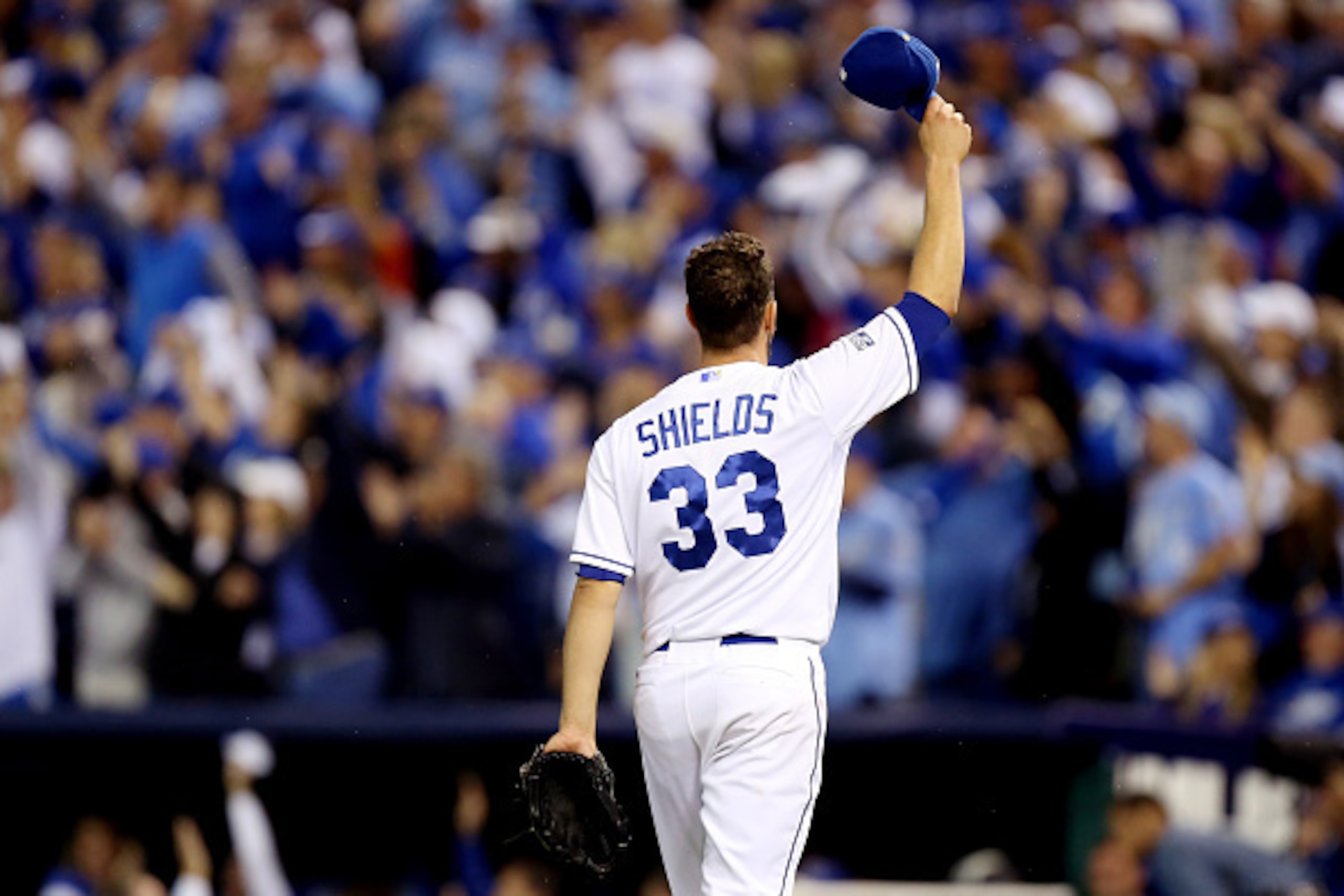 KANSAS CITY, MO - OCTOBER 05:  James Shields #33 of the Kansas City Royals reacts as he walks to the dugout in the fifth inning against the Los Angeles Angels during Game Three of the American League Division Series at Kauffman Stadium on October 5, 2014 