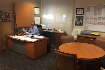 Hornets GM Rich Cho inside his office at the Time Warner Cable Arena.
