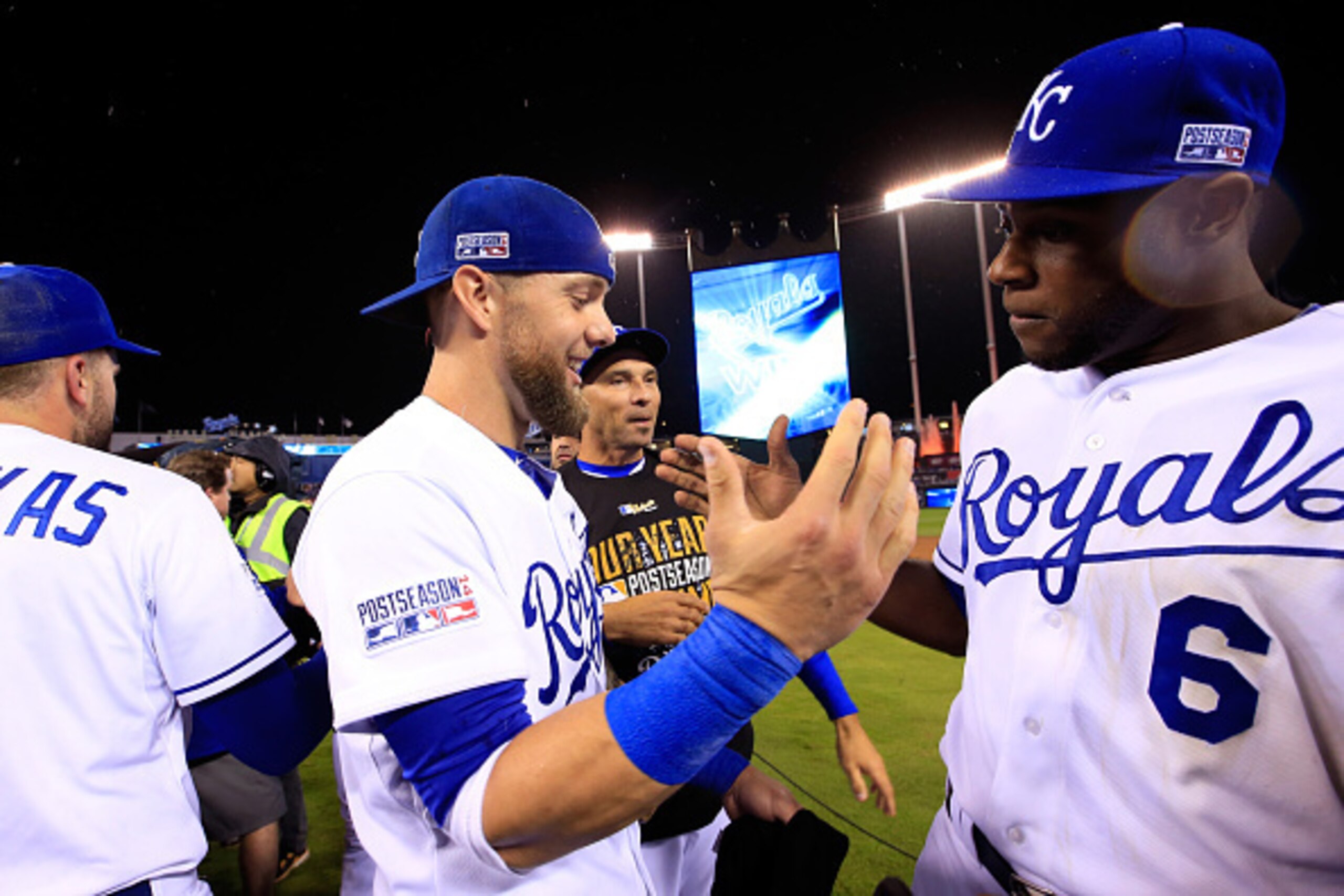 KANSAS CITY, MO - OCTOBER 05: James Shields #33 celebrates with Lorenzo Cain #6 of the Kansas City Royals after defeating the Los Angeles Angels 8-3 in Game Three of the American League Division Series at Kauffman Stadium on October 5, 2014 in Kansas City