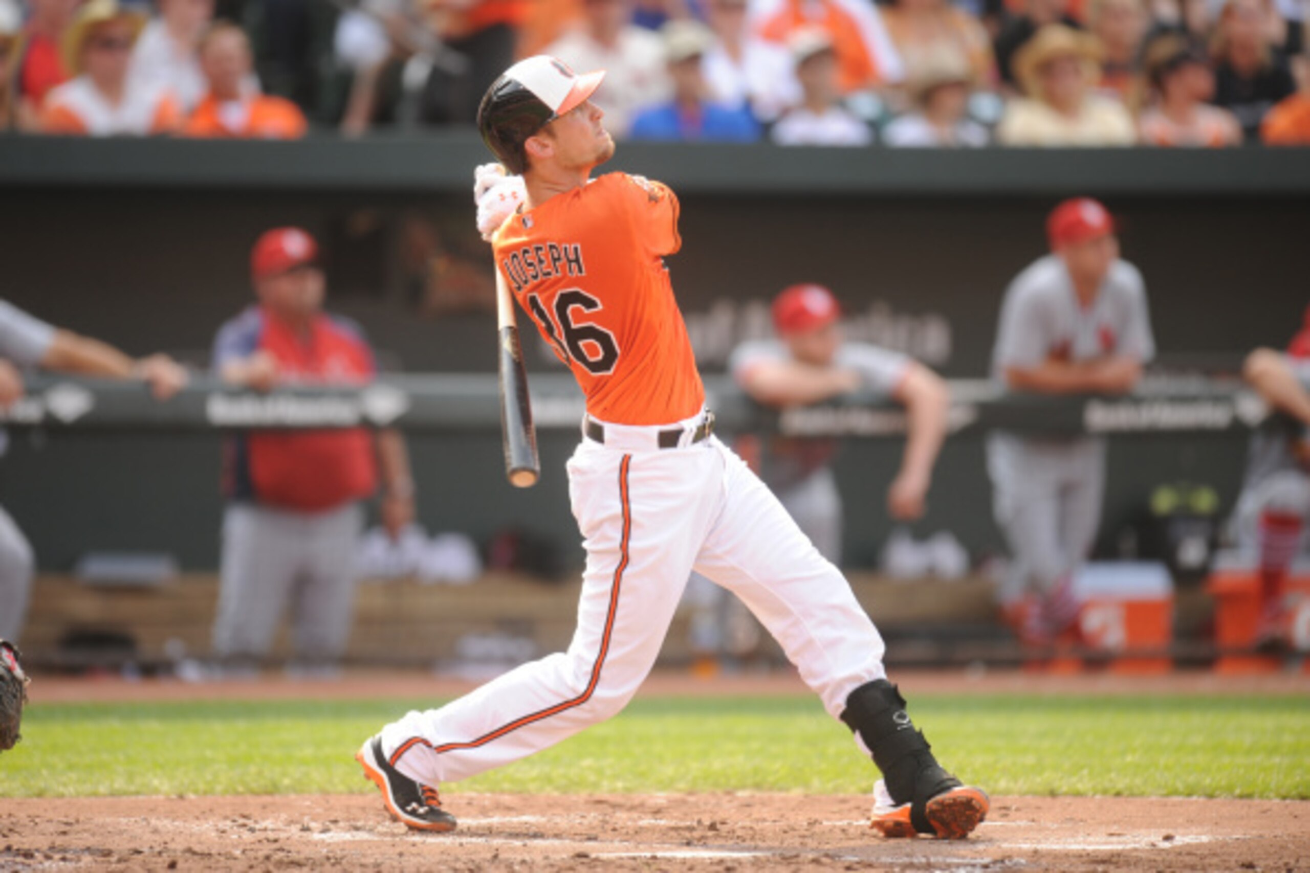 BALTIMORE, MD - AUGUST 9:  Caleb Joseph #36 of the Baltimore Orioles hits a two-run home run in the second inning during a baseball game against the St. Louis Cardinals on August 9, 2014 at Oriole Park at Camden Yards in Baltimore, Maryland.  (Photo by Mi