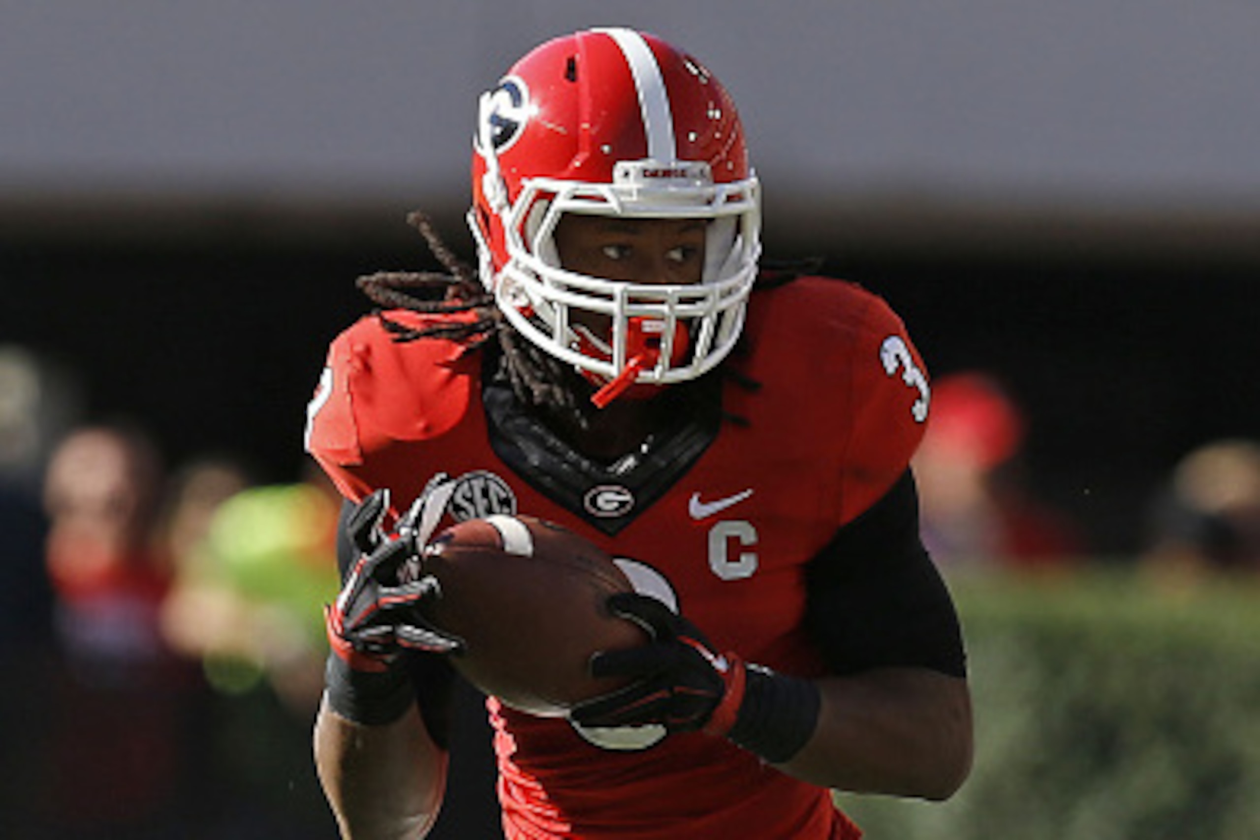 ATHENS, GA - OCTOBER 04:  Running back Todd Gurley #3 of the Georgia Bulldogs rushes with the ball against the Vanderbilt Commodores at Sanford Stadium on October 4, 2014 in Athens, Georgia.  (Photo by Mike Zarrilli/Getty Images)
