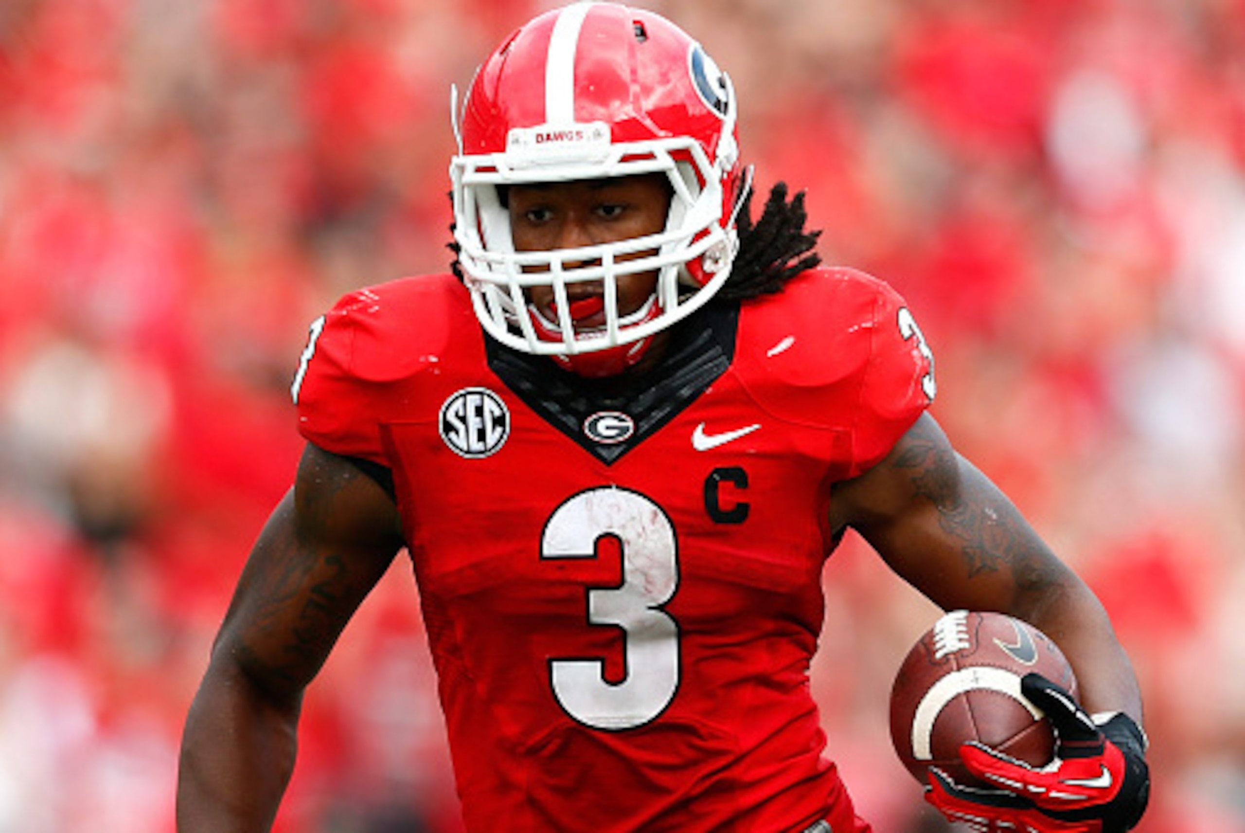 ATHENS, GA - SEPTEMBER 27:  Todd Gurley #3 of the Georgia Bulldogs rushes against the Tennessee Volunteers at Sanford Stadium on September 27, 2014 in Athens, Georgia.  (Photo by Kevin C. Cox/Getty Images)