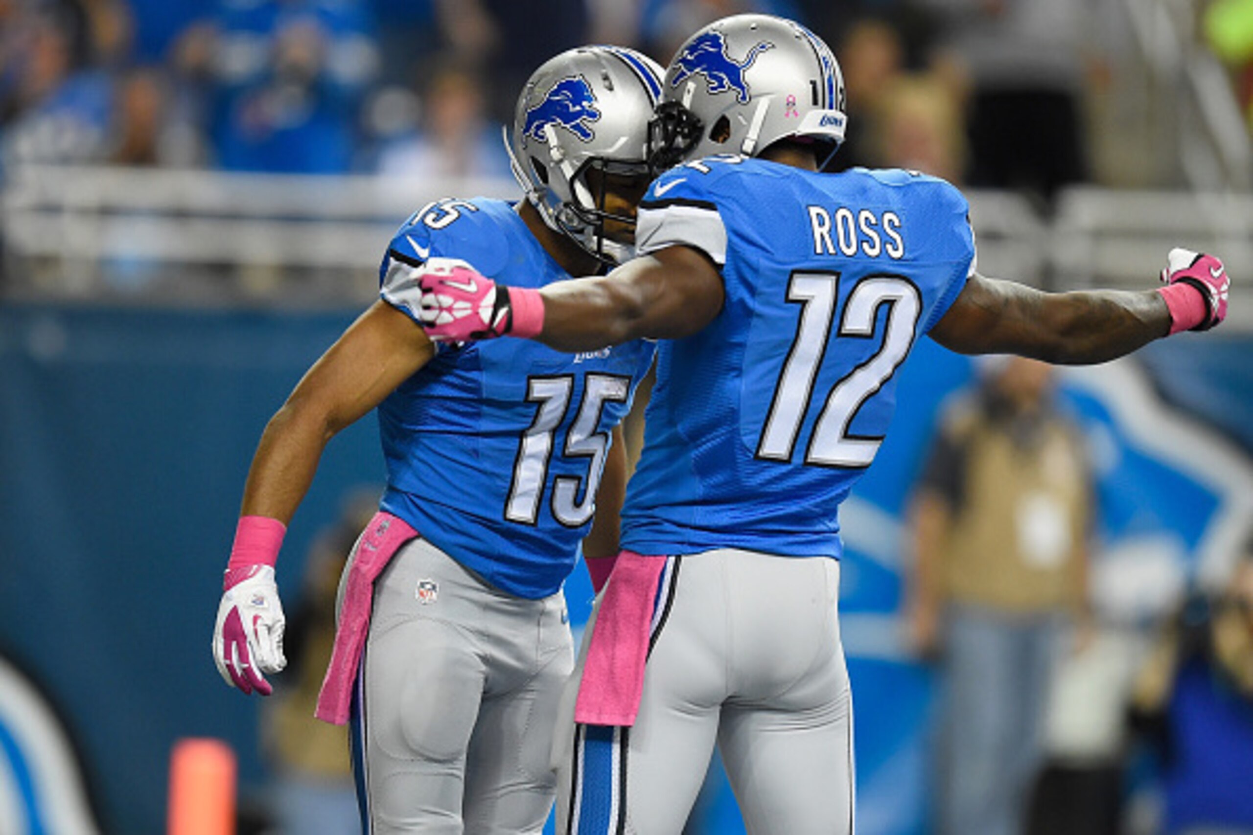 DETROIT, MI - OCTOBER 05: Golden Tate #15 celebrates with Jeremy Ross #12 of the Detroit Lions after a first quarter touchdown agains the Buffalo Bills at Ford Field on October 05, 2014 in Detroit, Michigan. (Photo by Joe Sargent/Getty Images) DETROIT, MI - OCTOBER 05: Golden Tate #15 celebrates with Jeremy Ross #12 of the Detroit Lions after a first quarter touchdown agains the Buffalo Bills at Ford Field on October 05, 2014 in Detroit, Michigan. (Photo by Joe Sargent/Getty Images)