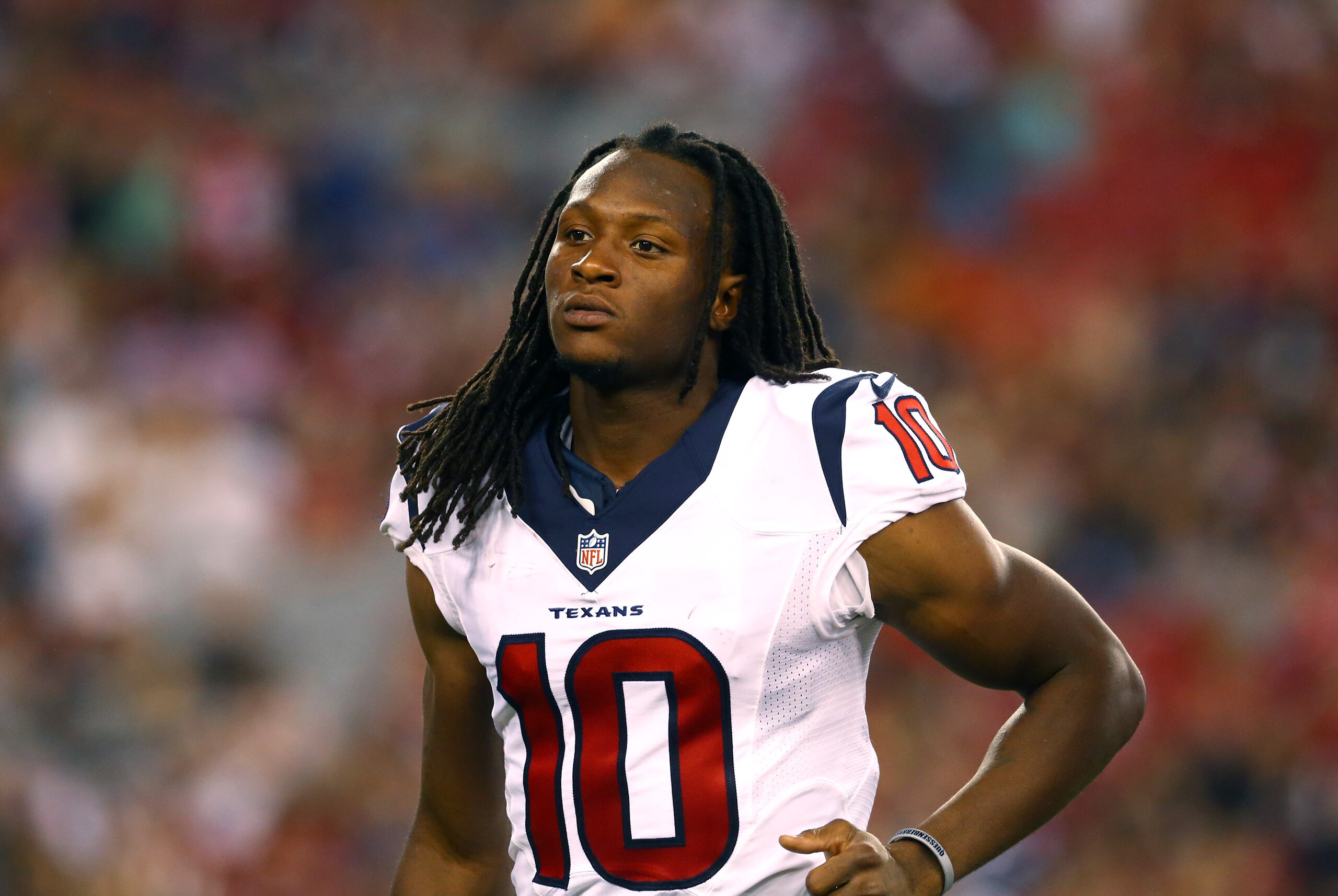 Aug 9, 2014; Glendale, AZ, USA; Houston Texans wide receiver DeAndre Hopkins (10) against the Arizona Cardinals during a preseason game at University of Phoenix Stadium. Mandatory Credit: Mark J. Rebilas-USA TODAY Sports