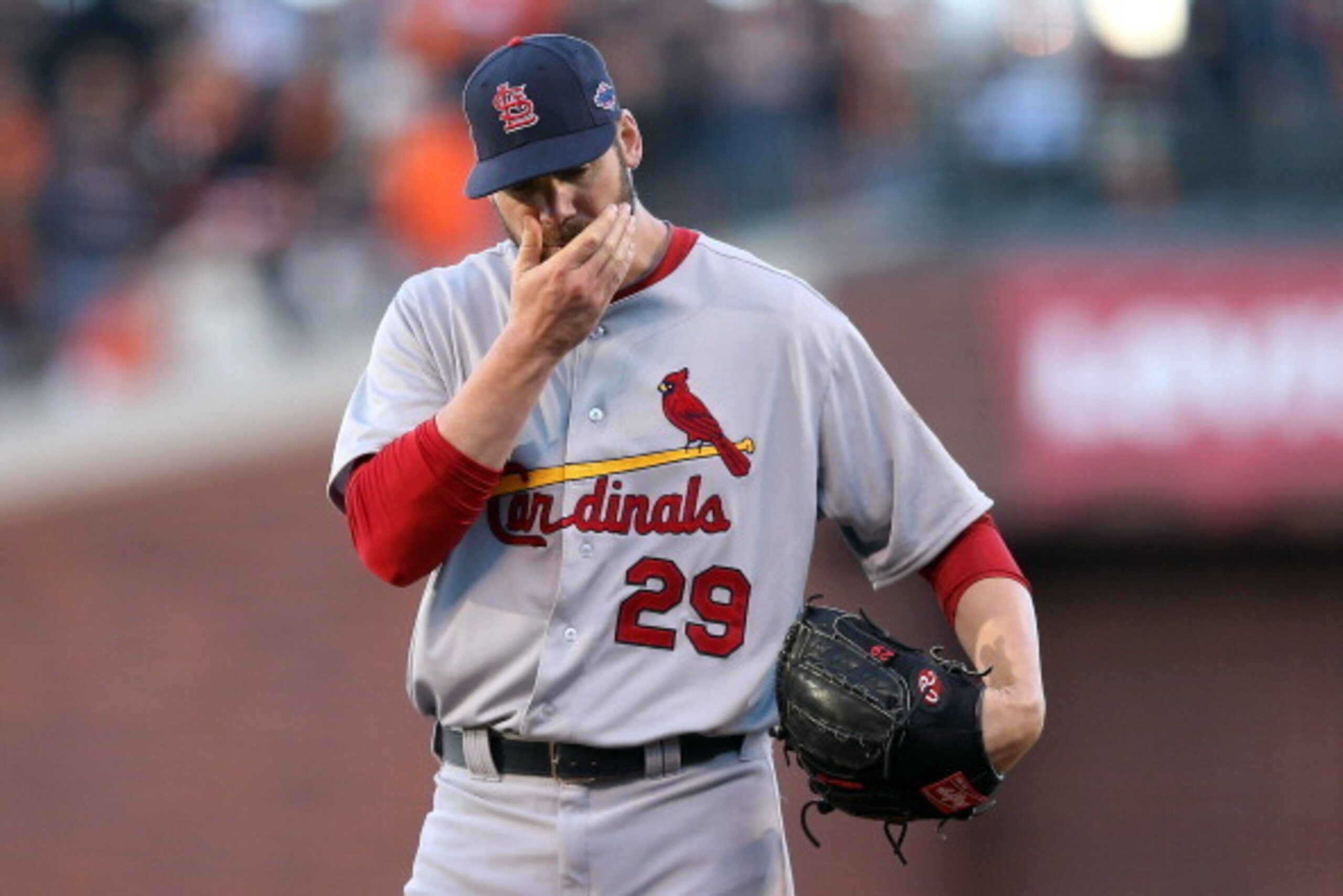 SAN FRANCISCO, CA - OCTOBER 21:  Chris Carpenter #29 of the St. Louis Cardinals reacts in the second inning while taking on the San Francisco Giants in Game Six of the National League Championship Series at AT&T Park on October 21, 2012 in San Francisco, 