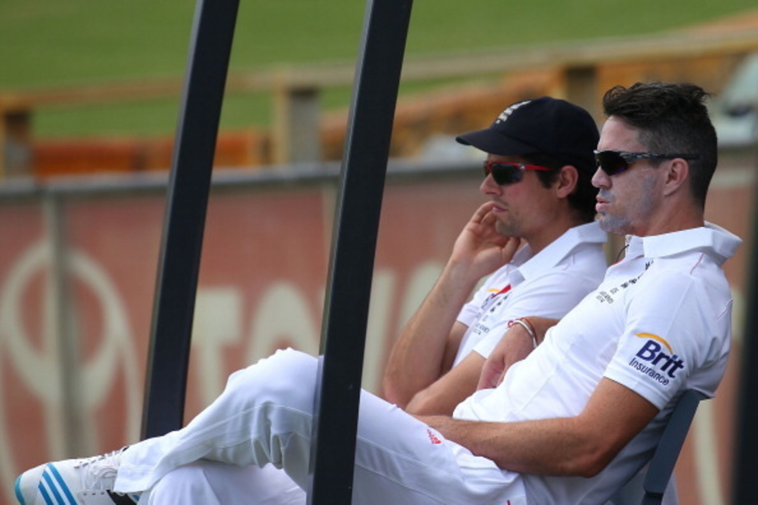 PERTH, AUSTRALIA - OCTOBER 31:  Alistair Cook and Kevin Pietersen of England look on from the sidelines during day one of the Tour match between Western Australia XI and England at WACA on October 31, 2013 in Perth, Australia.  (Photo by Paul Kane/Getty I