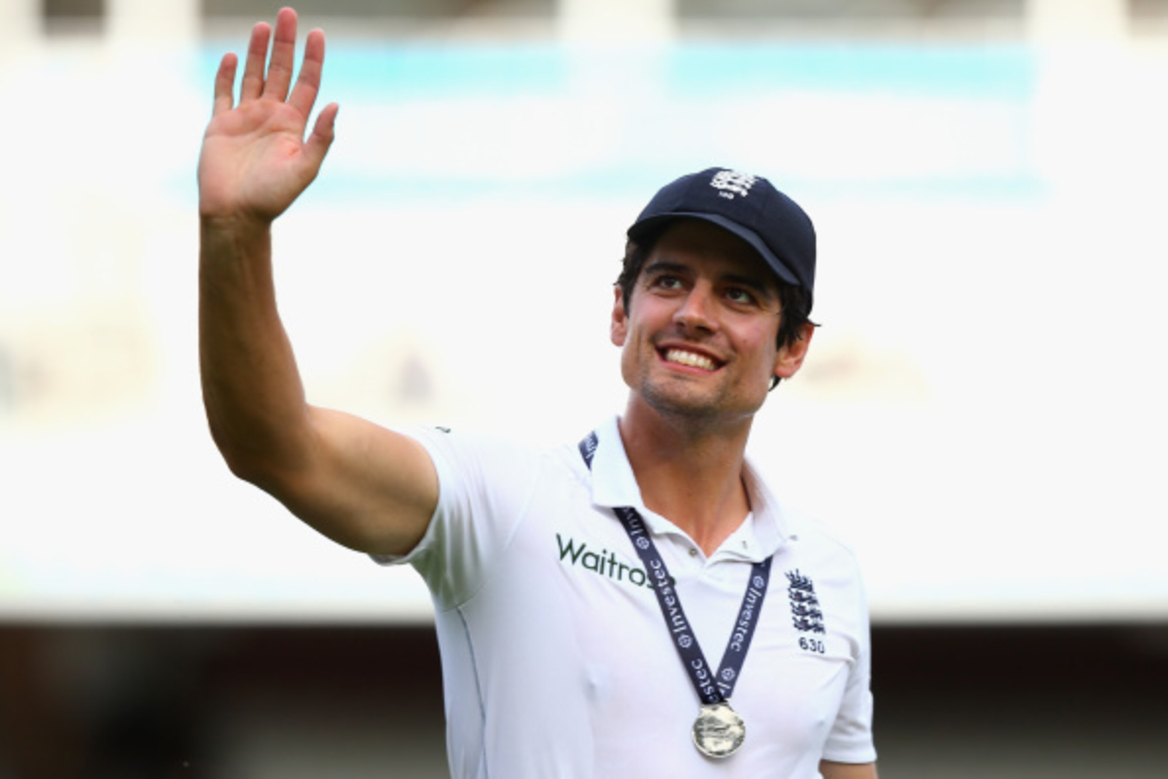 LONDON, ENGLAND - AUGUST 17:  Captain Alastair Cook of England smiles at the crowd after England won the match during day three of the 5th Investec Test match between England and India at The Kia Oval on August 17, 2014 in London, England.  (Photo by Paul