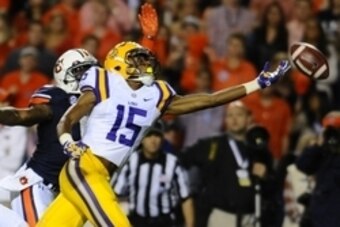Oct 4, 2014; Auburn, AL, USA; LSU Tigers wide receiver Malachi Dupre (15) can't make a touchdown catch during the second half against the Auburn Tigers at Jordan Hare Stadium. Auburn won 41-7. Mandatory Credit: Shanna Lockwood-USA TODAY Sports