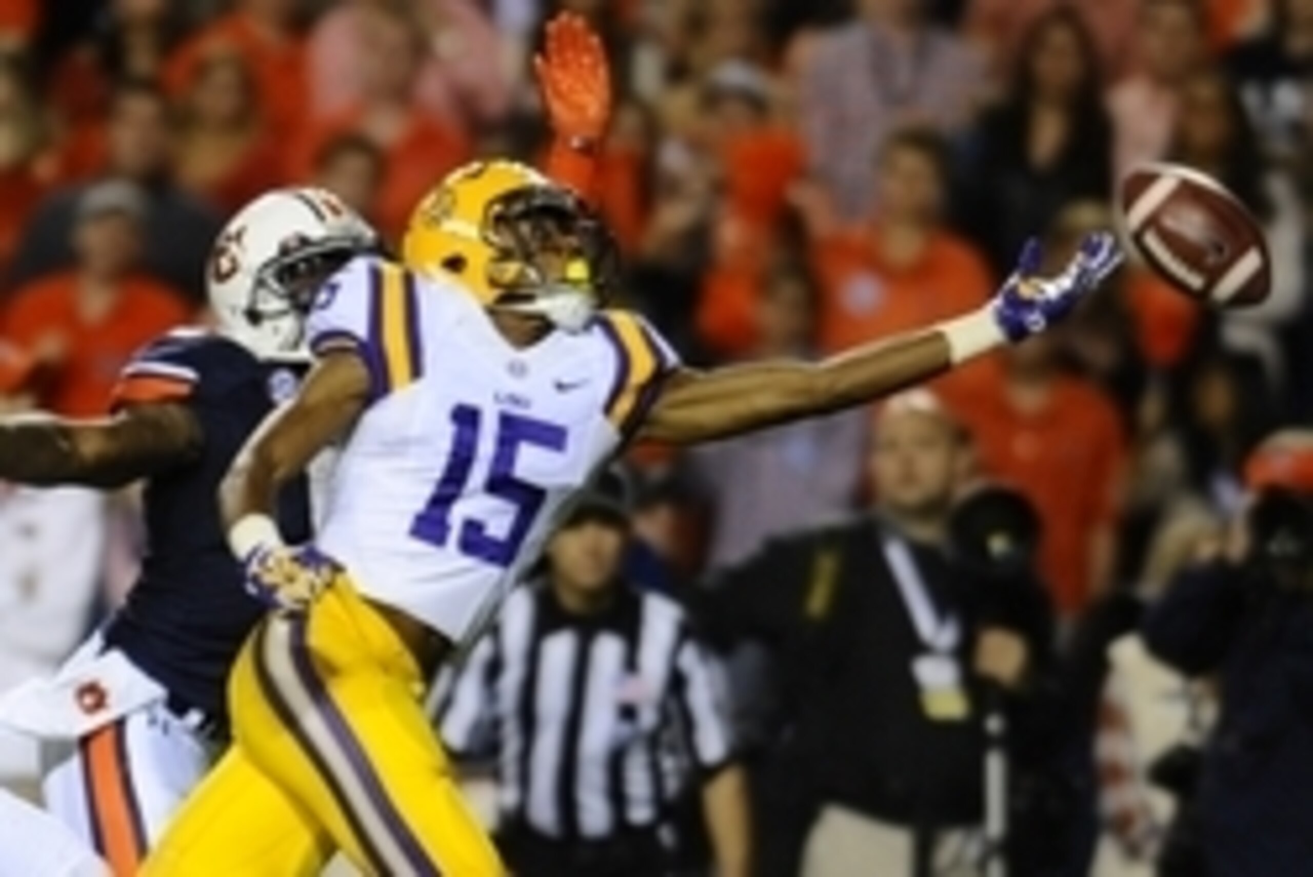 Oct 4, 2014; Auburn, AL, USA; LSU Tigers wide receiver Malachi Dupre (15) can't make a touchdown catch during the second half against the Auburn Tigers at Jordan Hare Stadium. Auburn won 41-7. Mandatory Credit: Shanna Lockwood-USA TODAY Sports