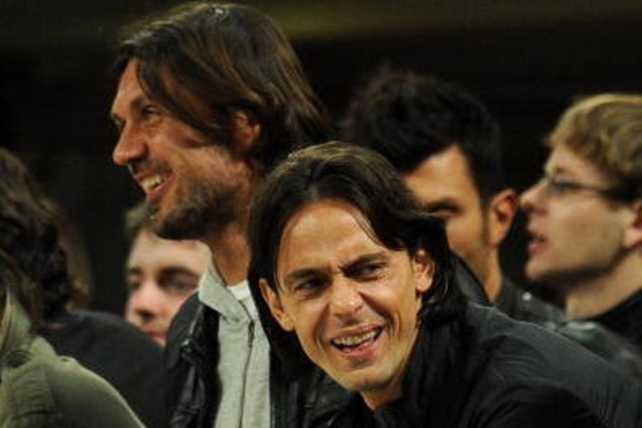 MILAN, ITALY - APRIL 14: Former captain of Milan Paolo Maldini (L) and player of Milan Filippo Inzaghi look on in vip-standing during the Primavera Tim Cup between AC Milan and US Citta di Palermo at Stadio Giuseppe Meazza on April 14, 2010 in Milan, Ital